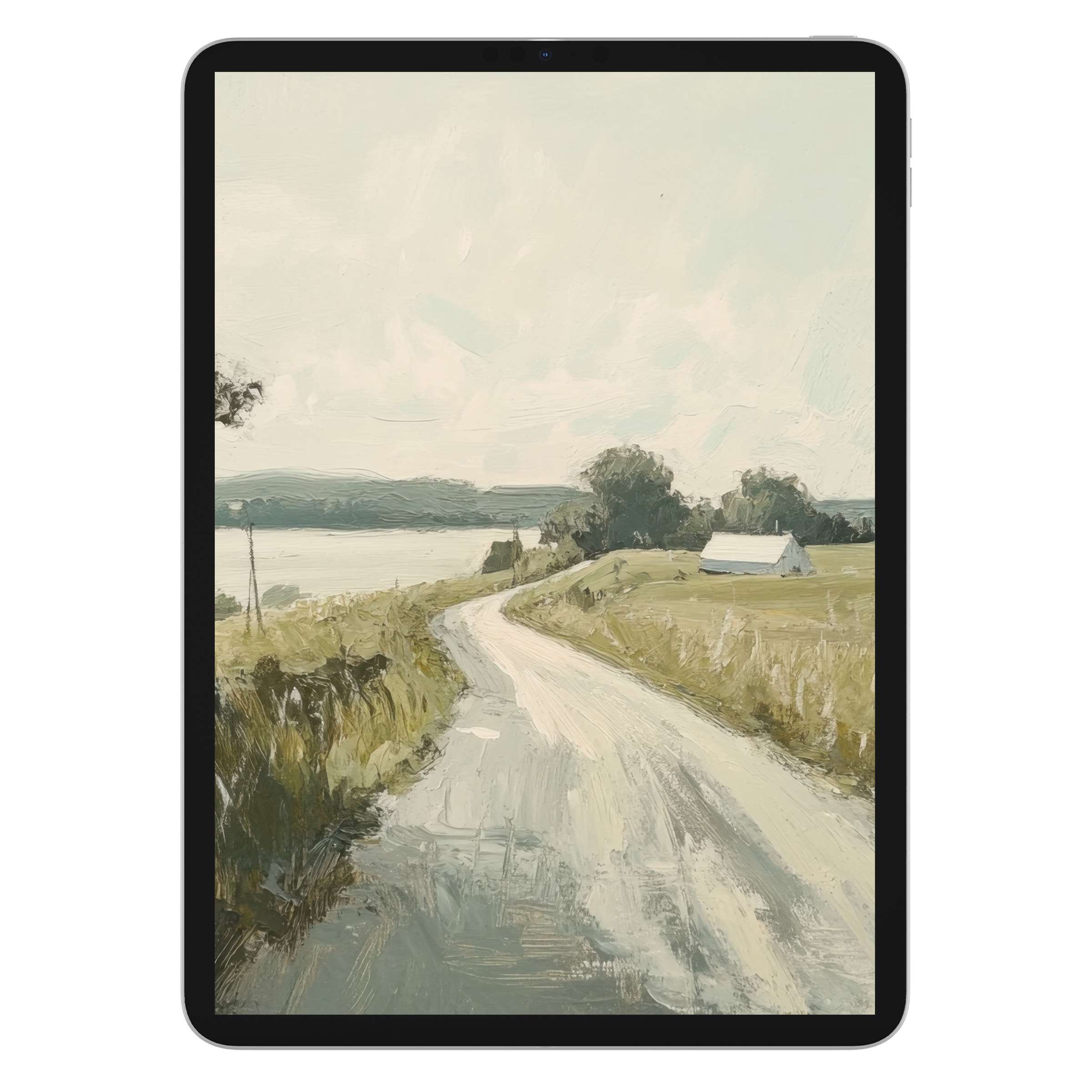 Vintage iPad wallpaper with serene countryside painting evokes tranquility as a tablet background digital download suitable for Android
