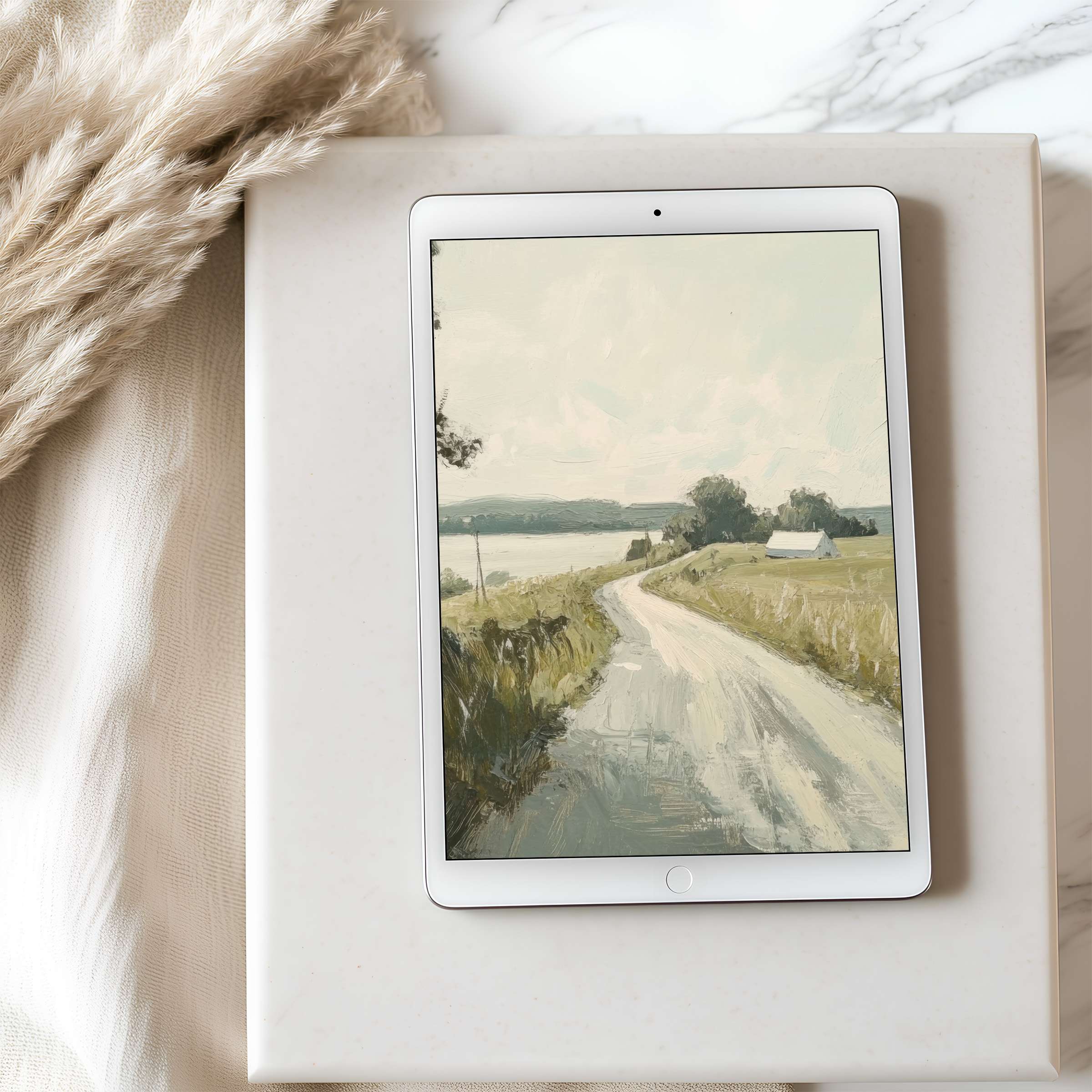 Elegant landscape painting captured in a high-resolution tablet wallpaper for iPad or Android, creating serene digital art ambiance