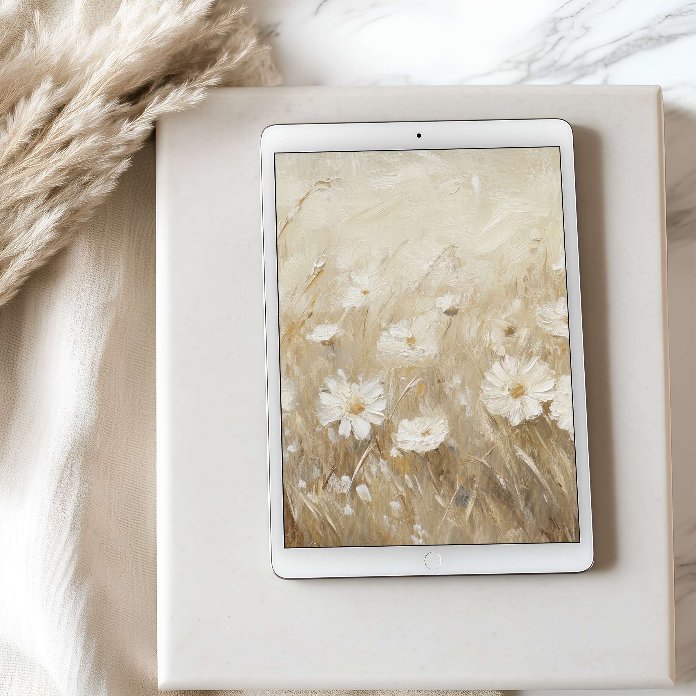 Serene floral tablet wallpaper with soft beige tones, perfect high-resolution digital download for iPad and Android tablets, enhances tranquility