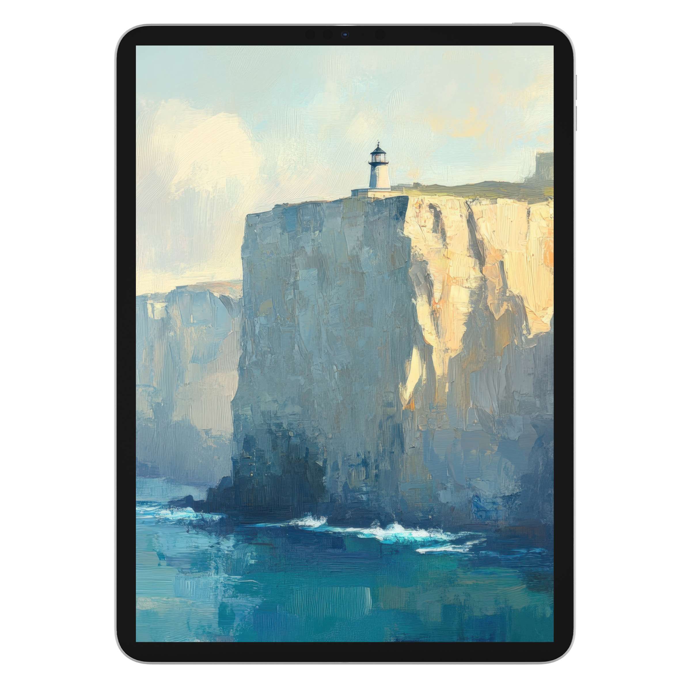Vintage iPad wallpaper featuring serene cliffside lighthouse in impressionistic pastels perfect as tablet background digital download
