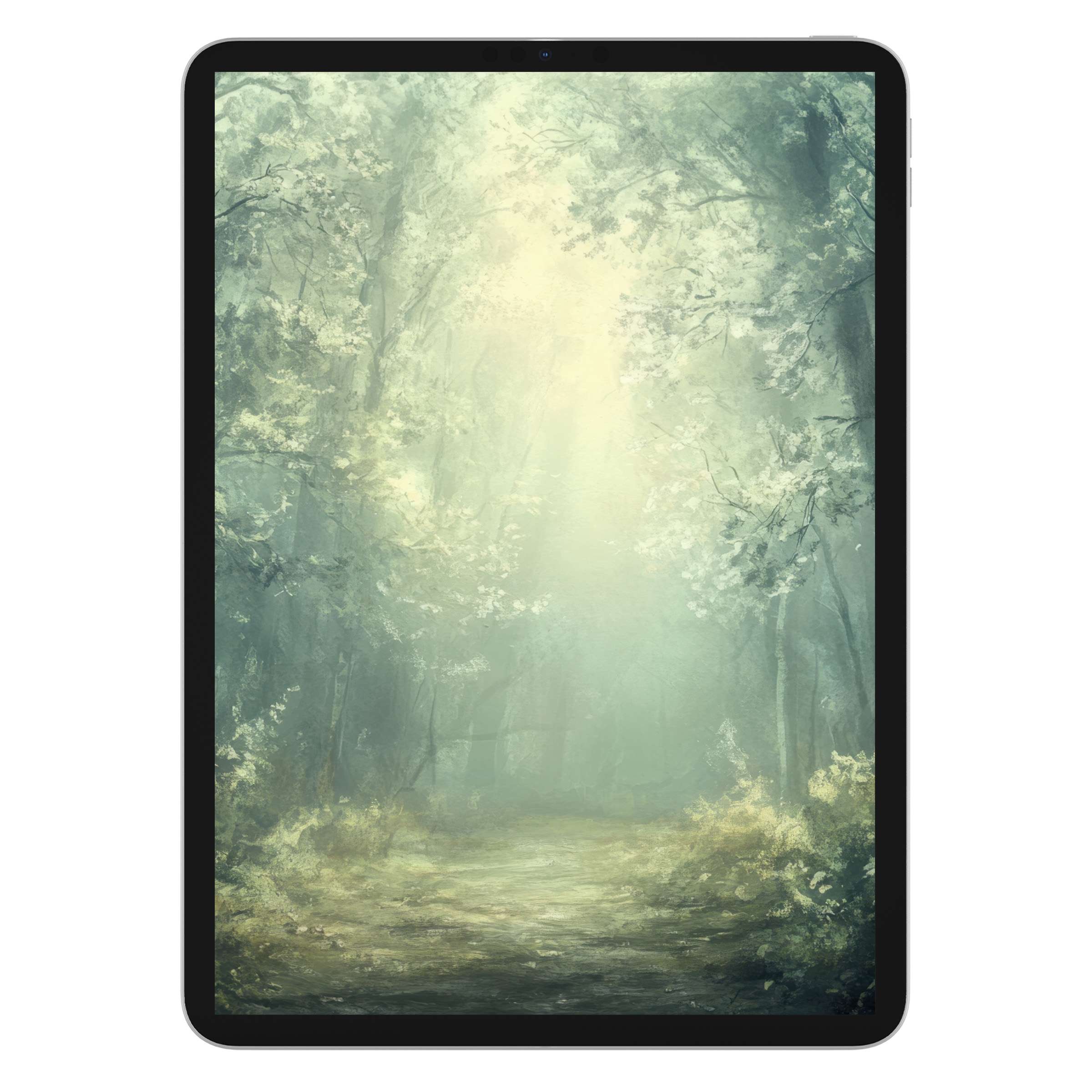 Ethereal forest scene as a vintage iPad wallpaper for tablets, providing a serene digital download and calming background ambiance