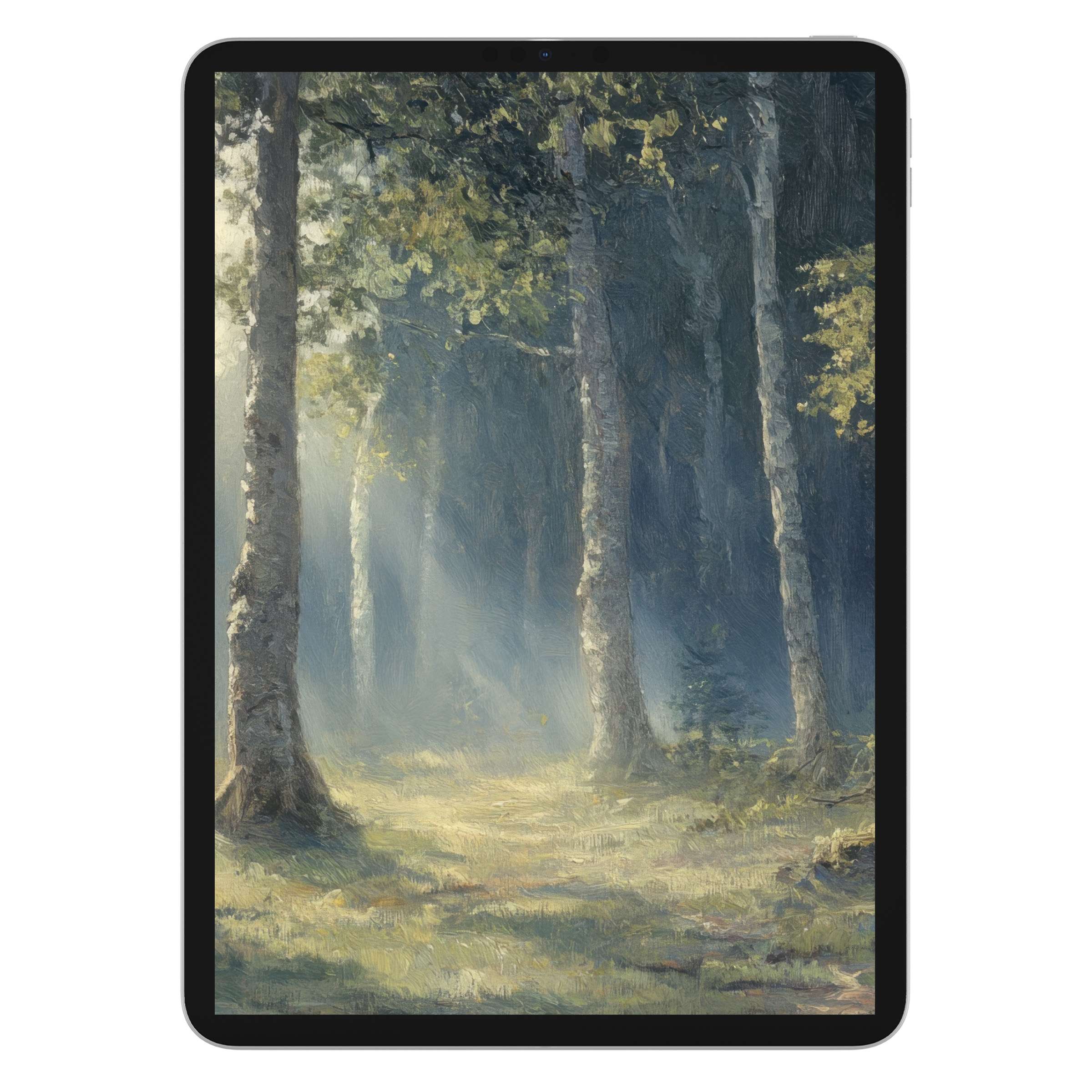 Vintage iPad wallpaper with a serene forest scene, ideal as a tranquil digital download background for tablets and devices