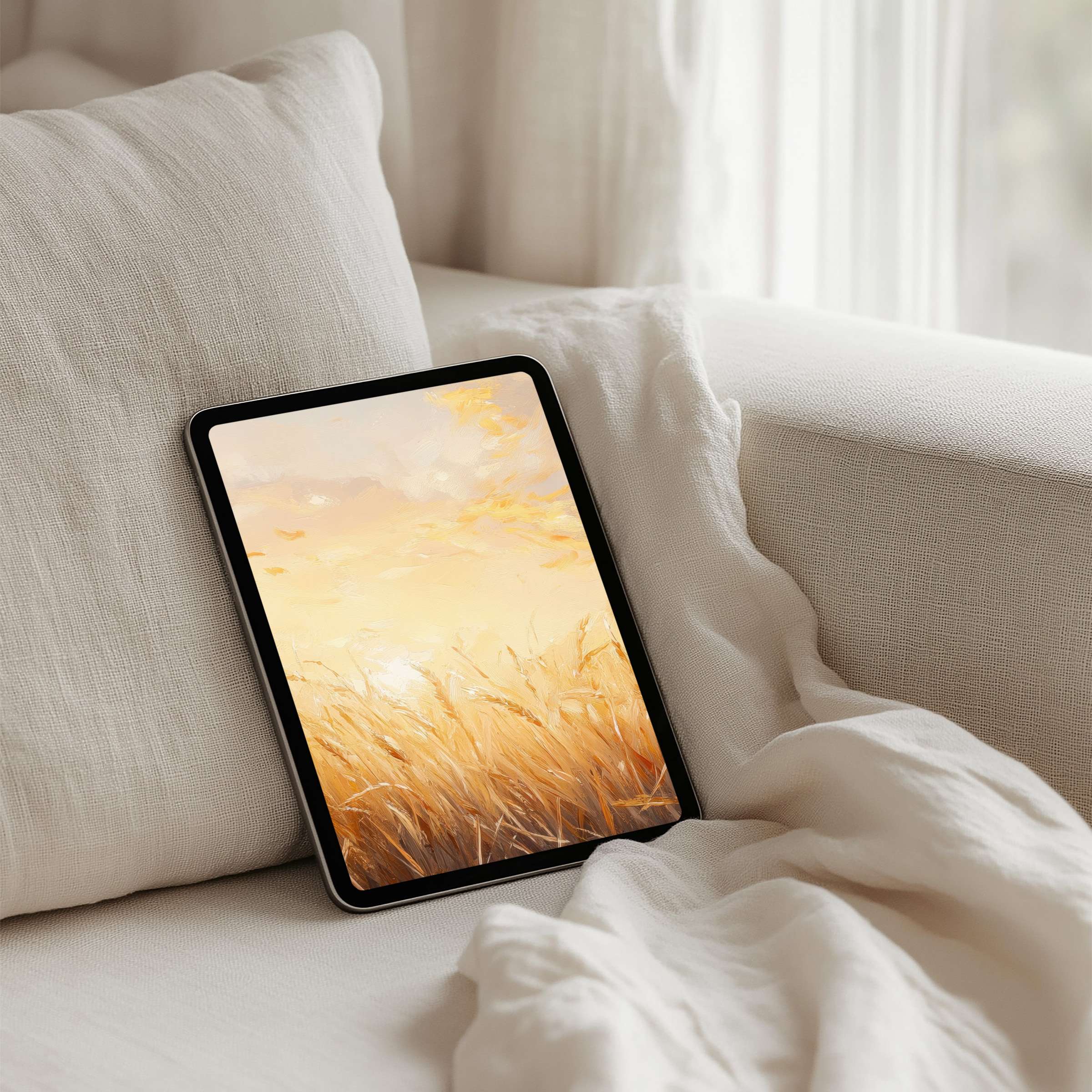 Cozy wheat field scene for iPad background and tablet, offering instant download for calm elegance and mindfulness in design