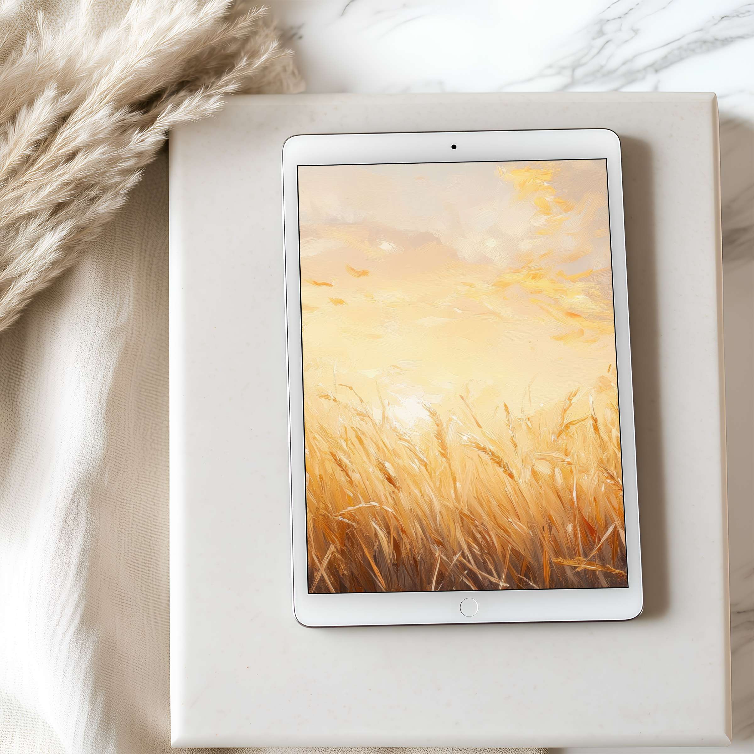 Elegant golden wheat field tablet wallpaper in high resolution, inspiring tranquility and elegance, perfect for iPad digital download