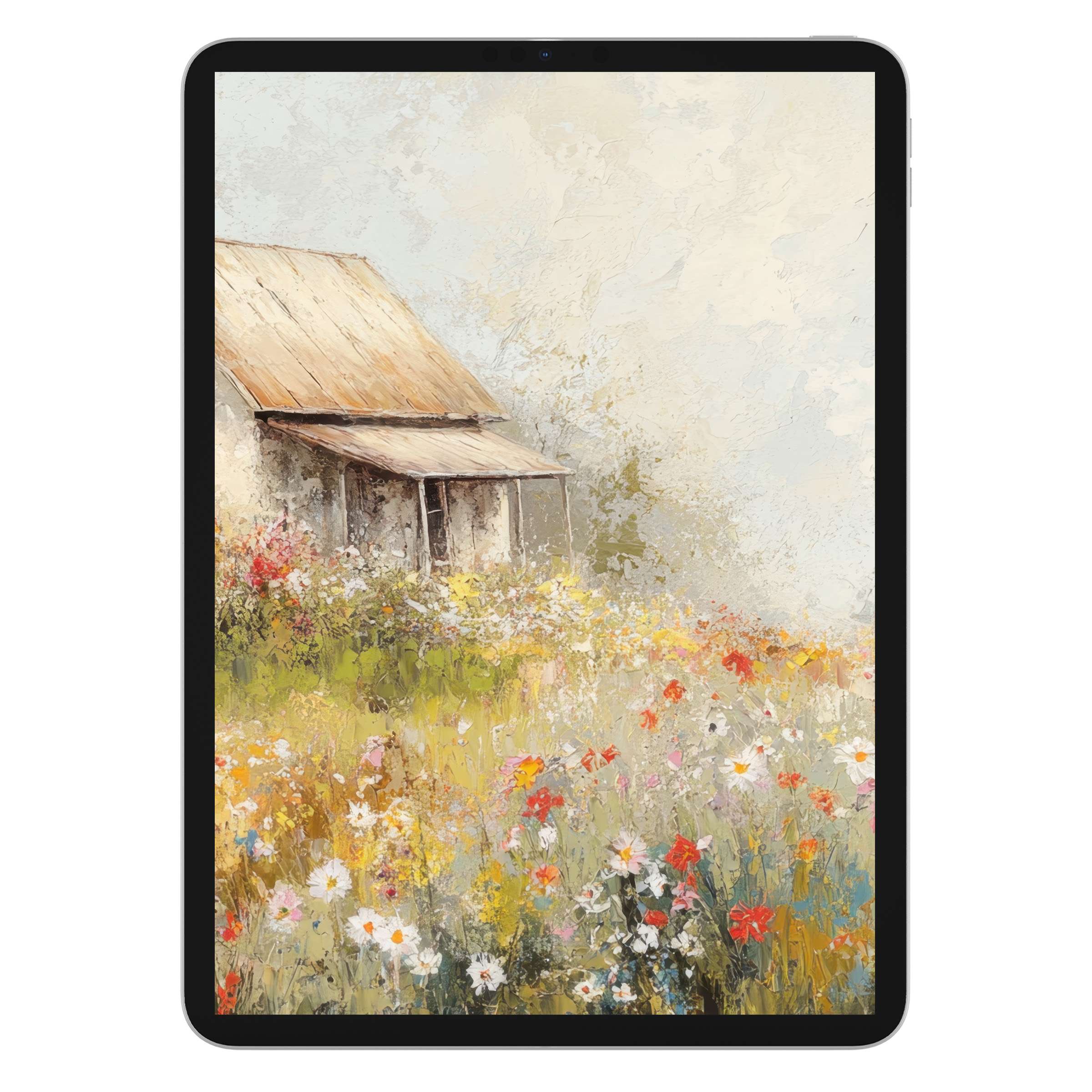 Vintage iPad wallpaper featuring a serene cottage surrounded by vibrant flowers conveys tranquility, perfect as a tablet background digital download