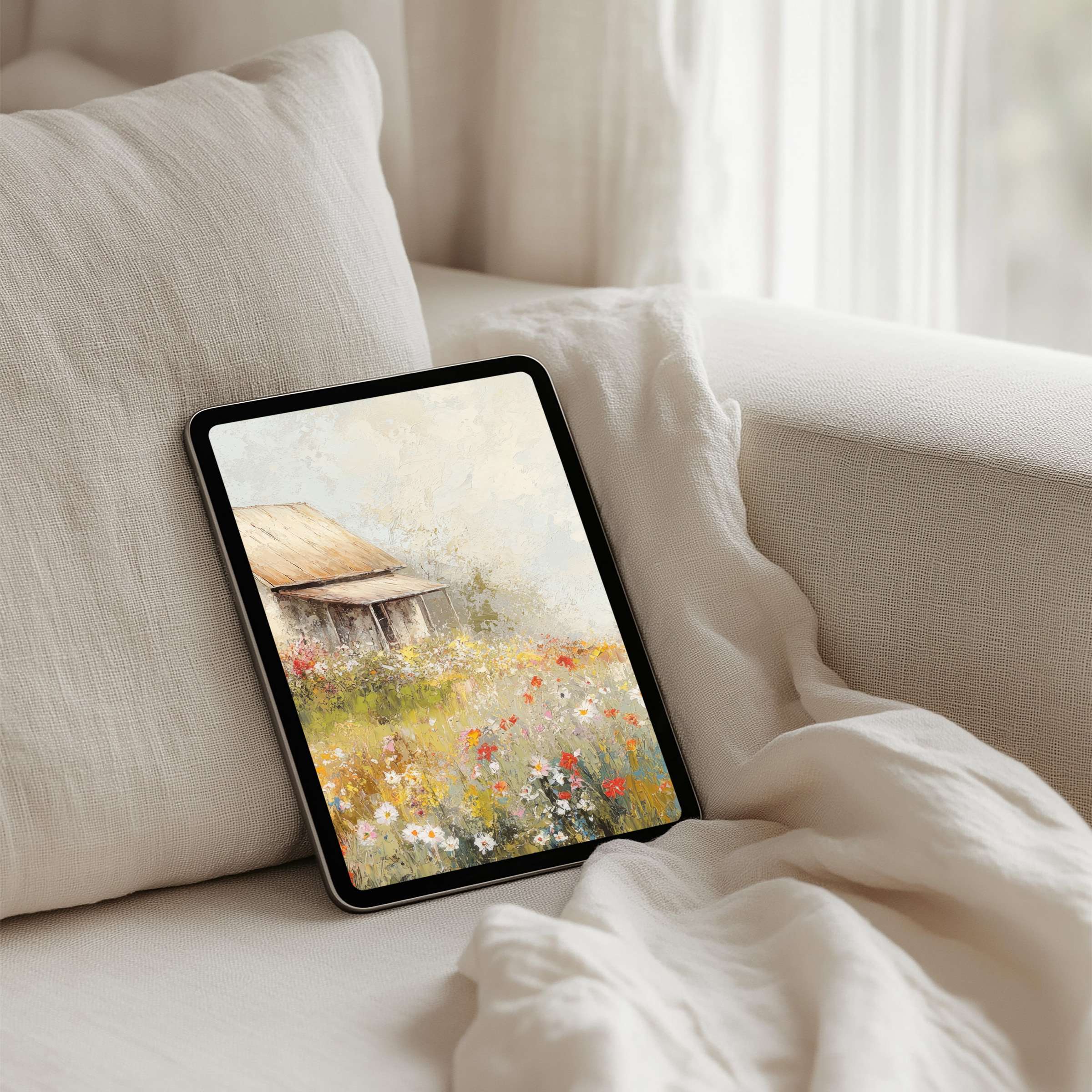 Elegant digital art iPad background featuring a serene cottage and wildflowers, perfect for instant download to tablet devices, inspiring calm