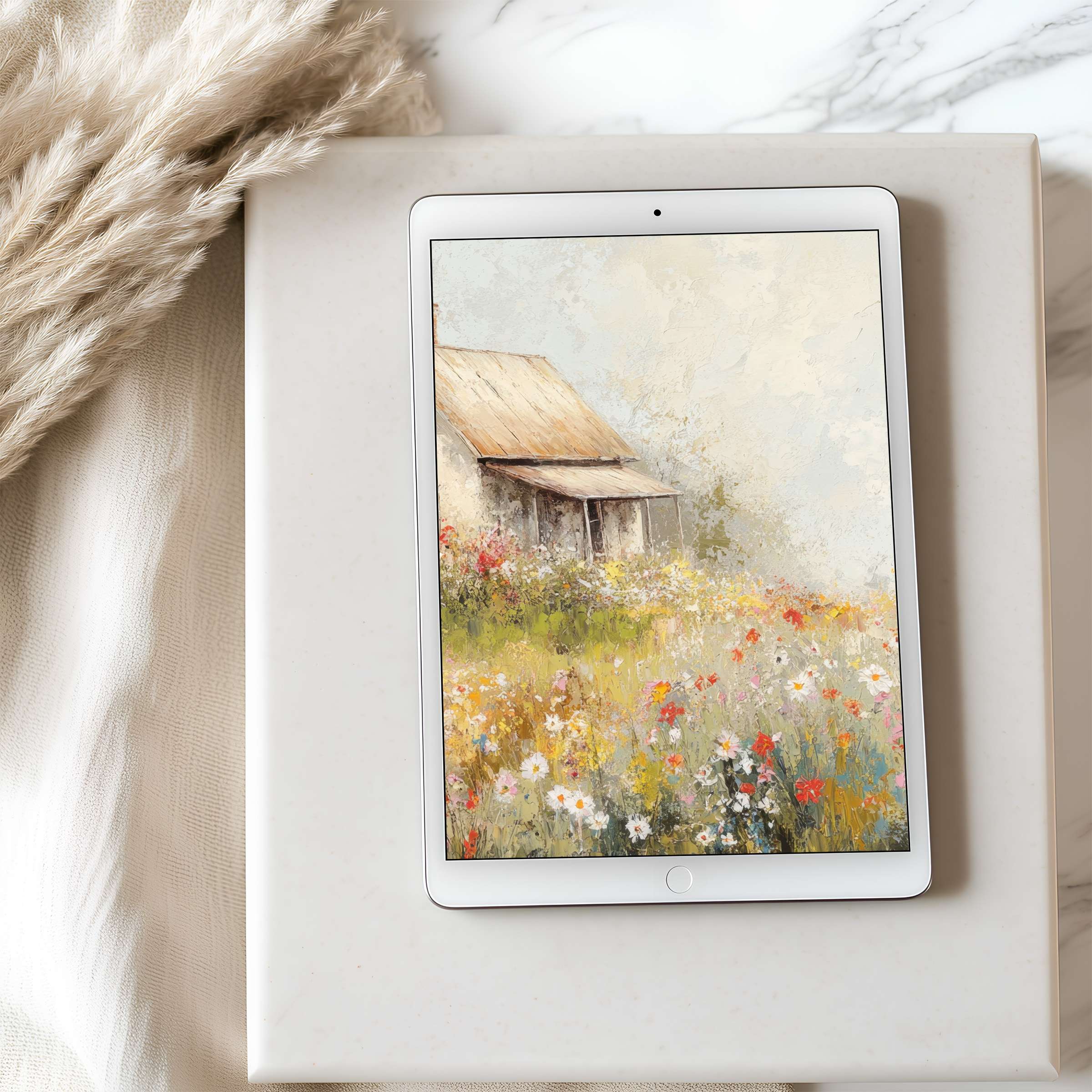 Tranquil countryside painting as tablet wallpaper offers a curated high resolution digital download for iPad and Android tablets