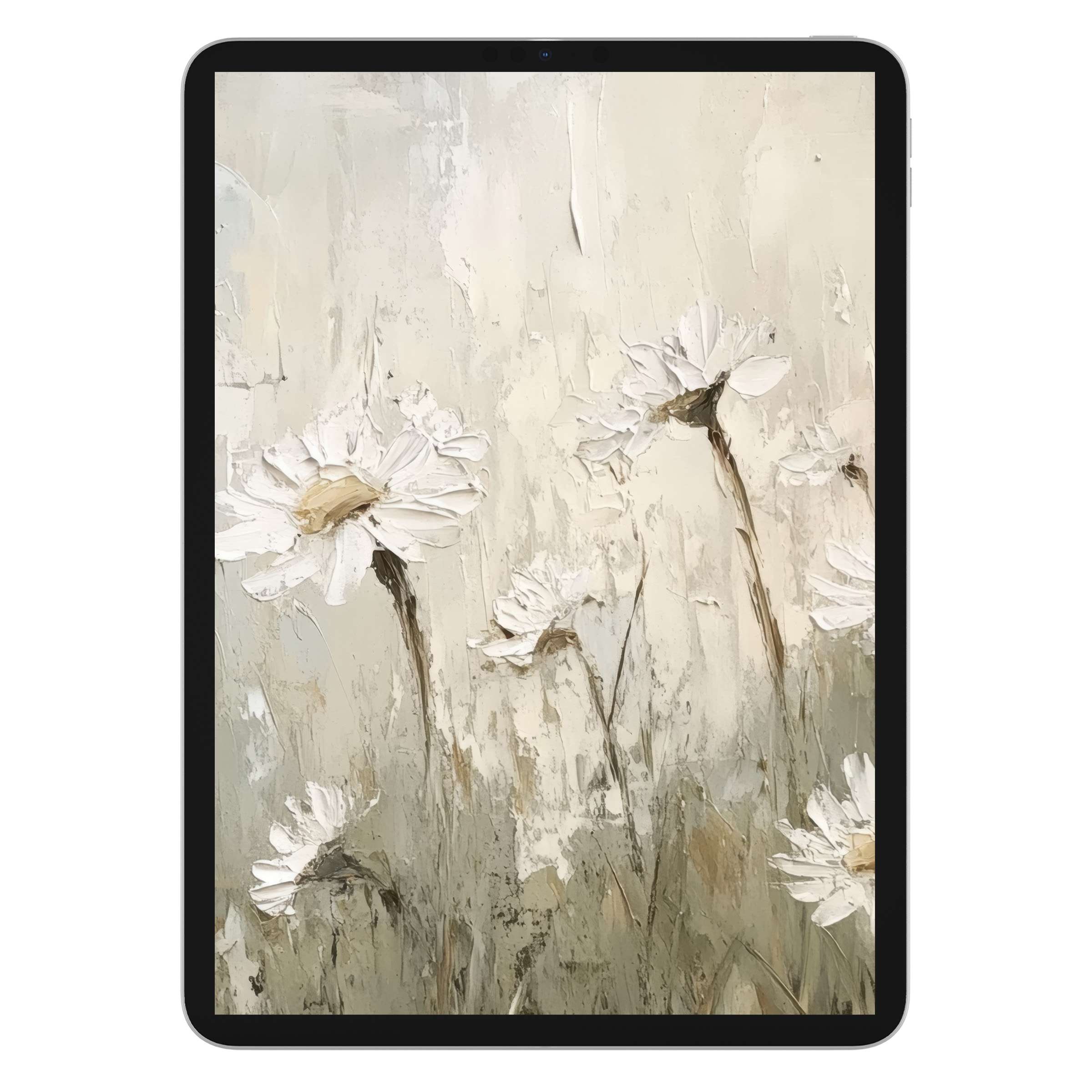 Elegant vintage iPad wallpaper featuring serene white wildflowers on a textured canvas background ideal for tablet digital download