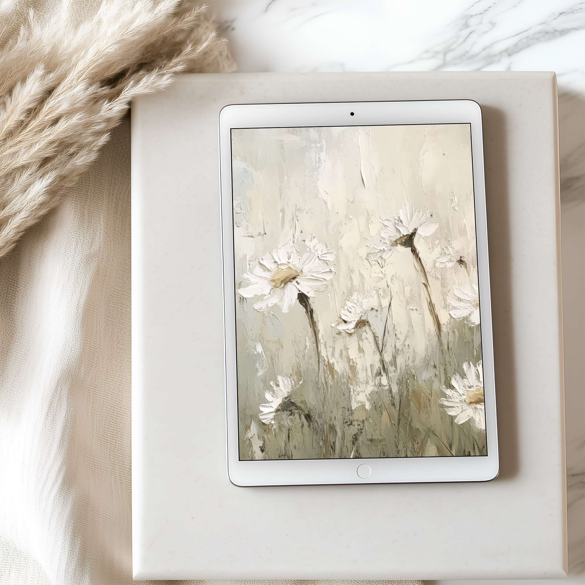 Elegant tablet wallpaper featuring delicate white daisies in a serene palette designed for high resolution iPad and Android tablets