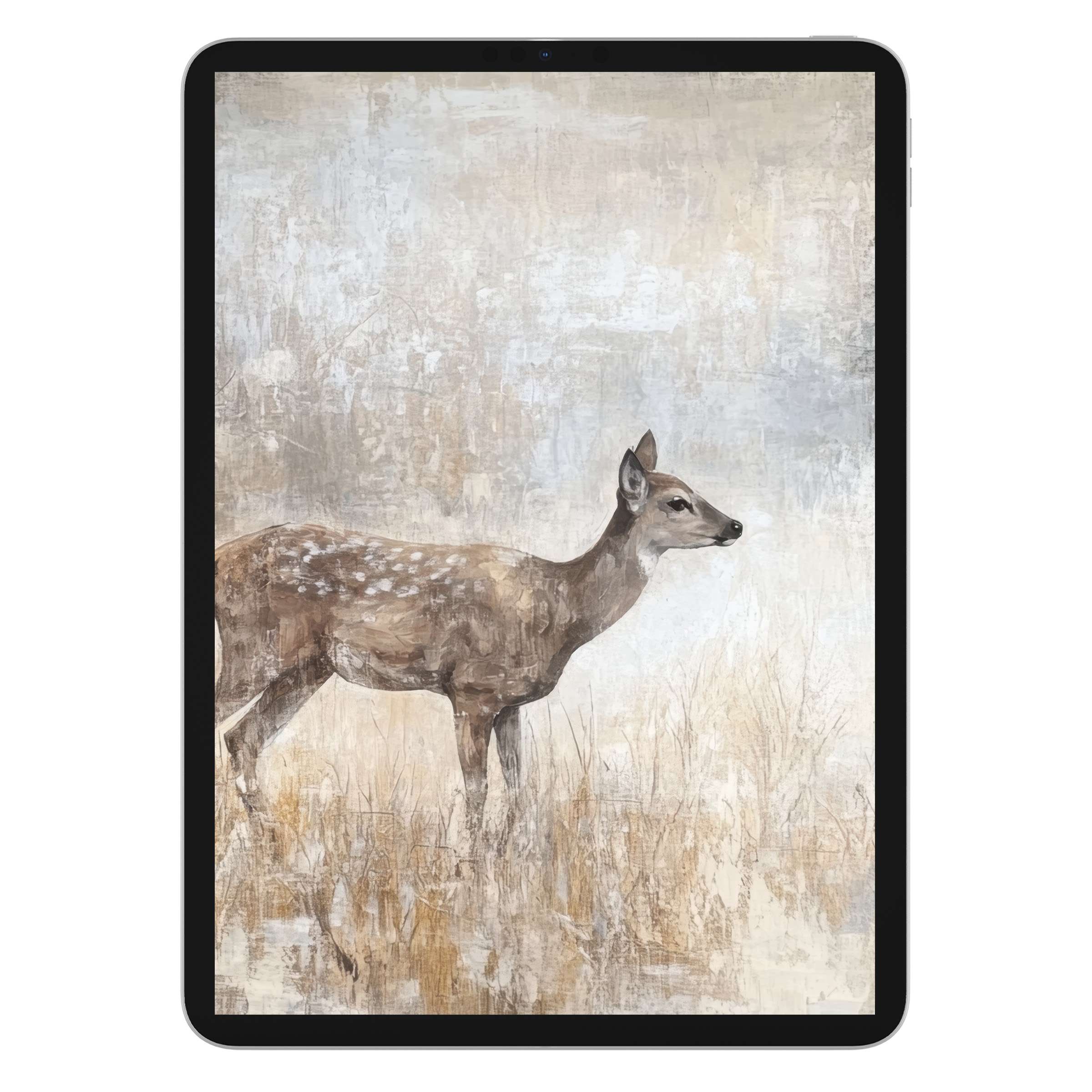 Elegant vintage iPad wallpaper featuring a serene deer in muted tones, perfect digital download background for any tablet experience