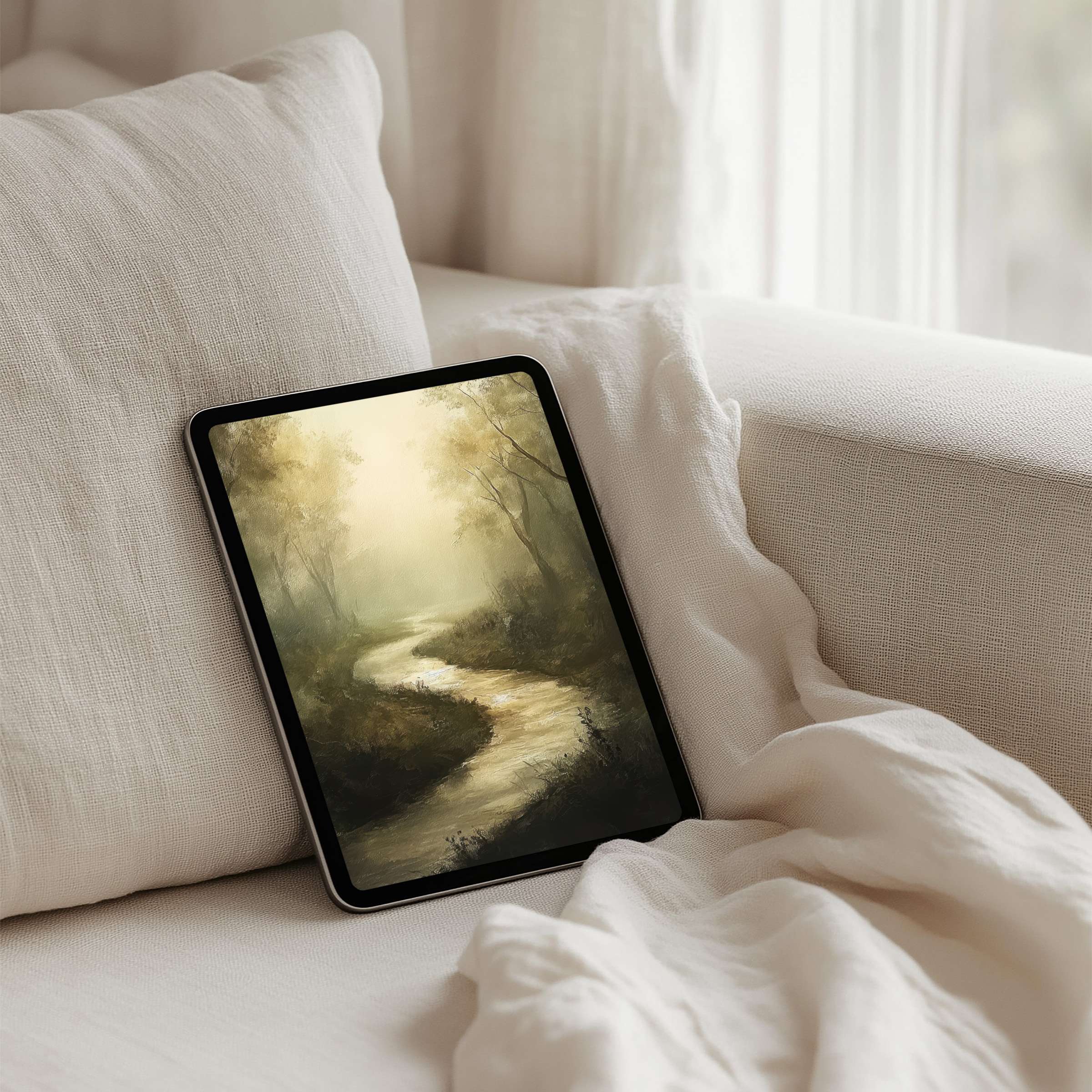 Serene landscape iPad background on tablet offers instant download, creating calm elegance and inspiration for mindful moments