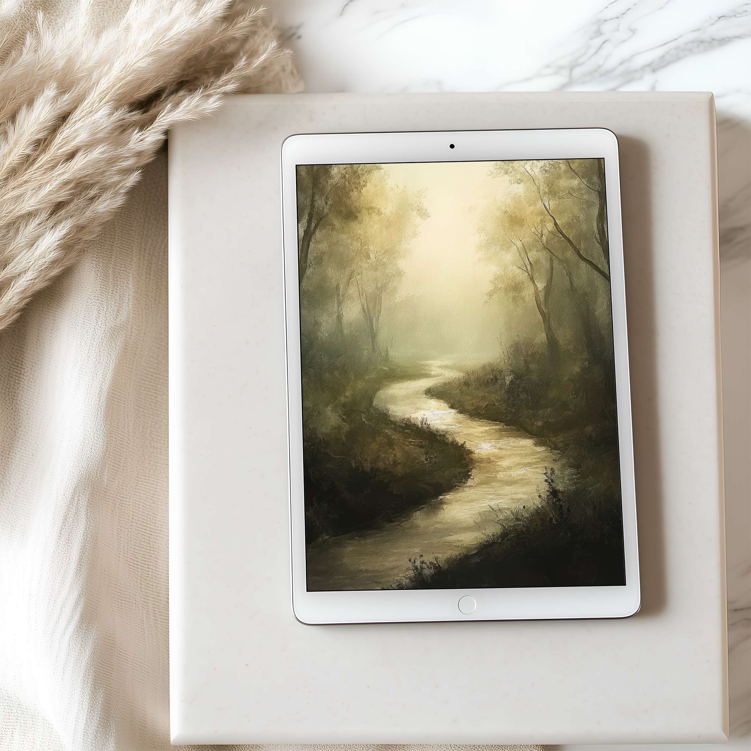 Elegant tablet wallpaper featuring a serene misty forest path in soft earth tones, perfect for high-resolution iPad and Android, digital download