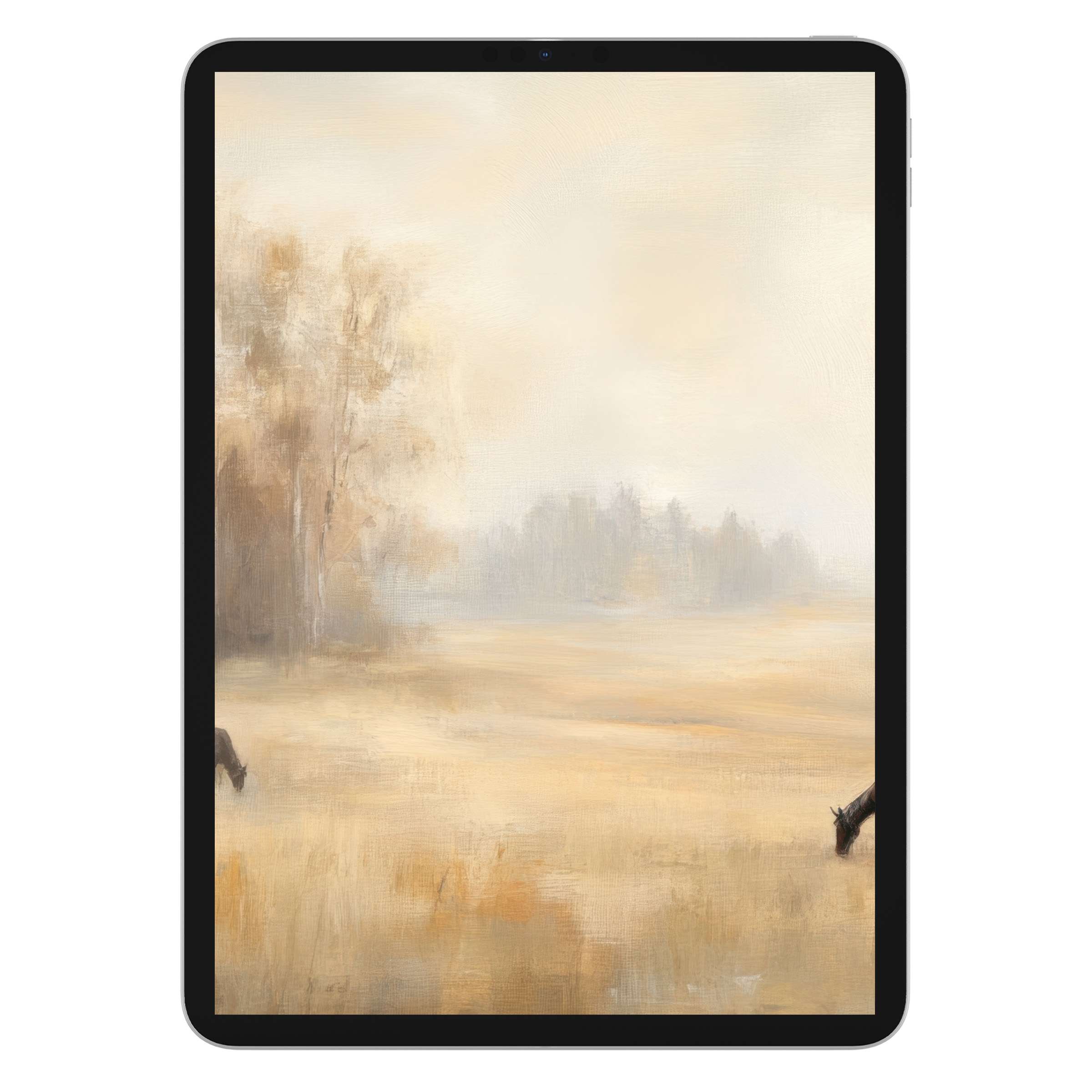 Vintage iPad wallpaper digital download with serene autumn landscape, warm beige tones, perfect tablet background for iPad or Android