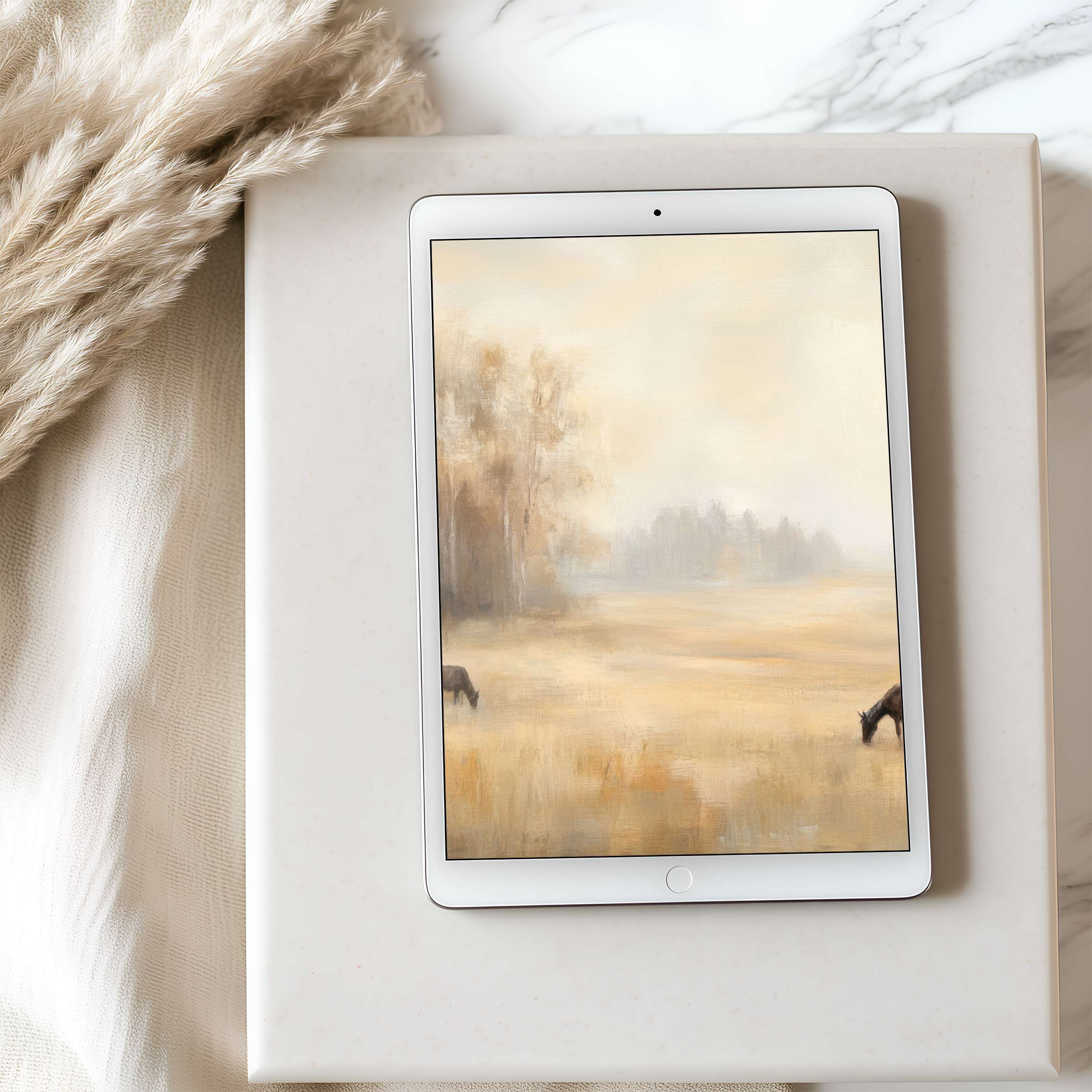 Serene landscape tablet wallpaper with soft beige tones and trees creates a calming elegance perfect for high-resolution iPad download