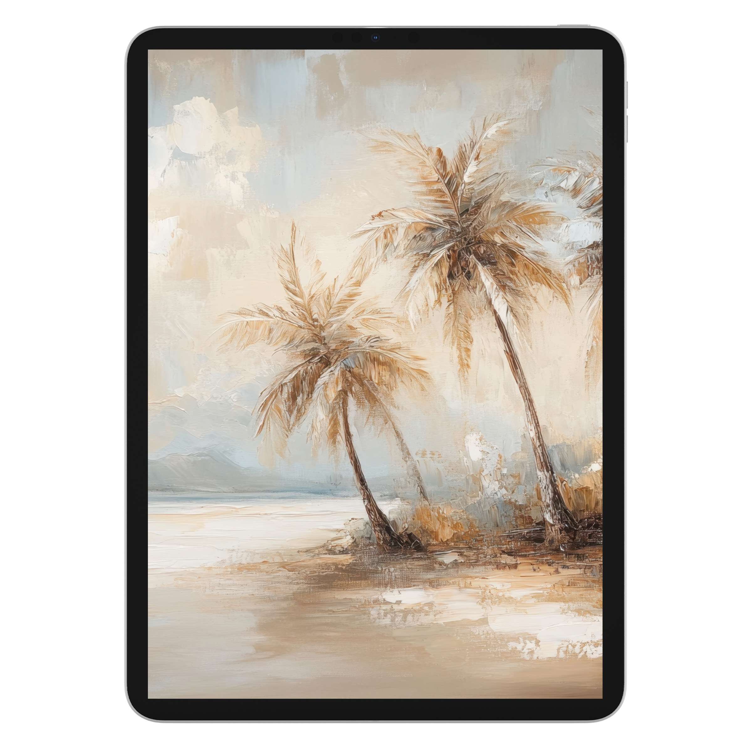 Elegant vintage iPad wallpaper depicting serene palm trees on a sandy beach background ideal for tablet digital download needs