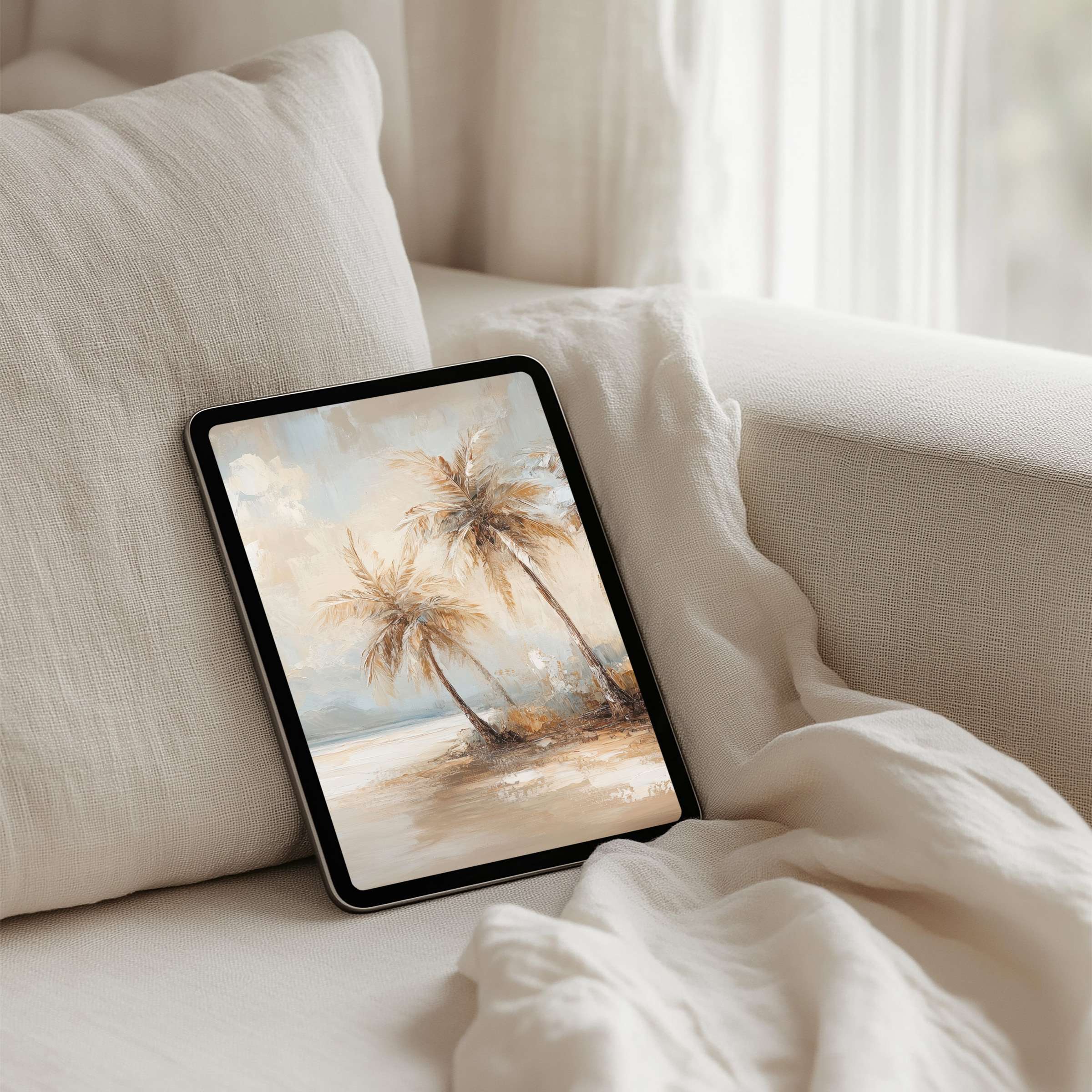 Elegant pastel iPad background featuring serene beach scene with palm trees for instant download on tablet inspiring calm mindfulness
