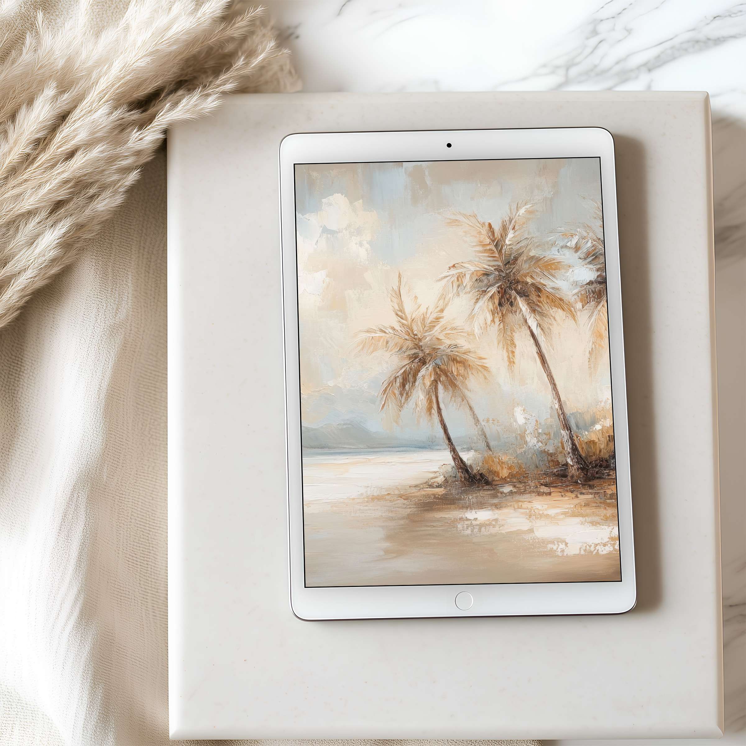 Elegant palm tree tablet wallpaper in soothing earth tones offers a high resolution, calming digital download for iPad and Android
