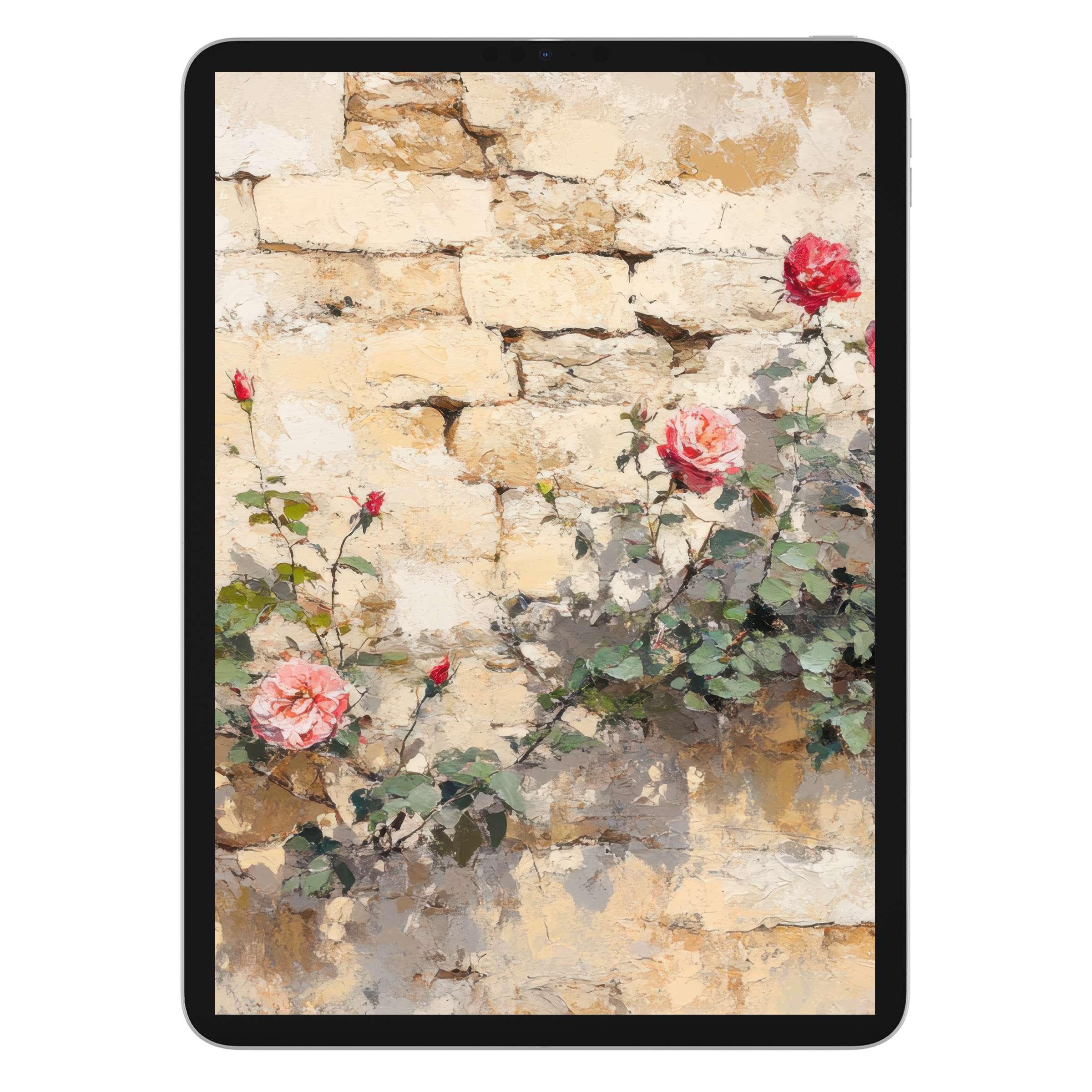 Elegant vintage iPad wallpaper featuring roses against a textured stone wall, this digital download suits any tablet background beautifully