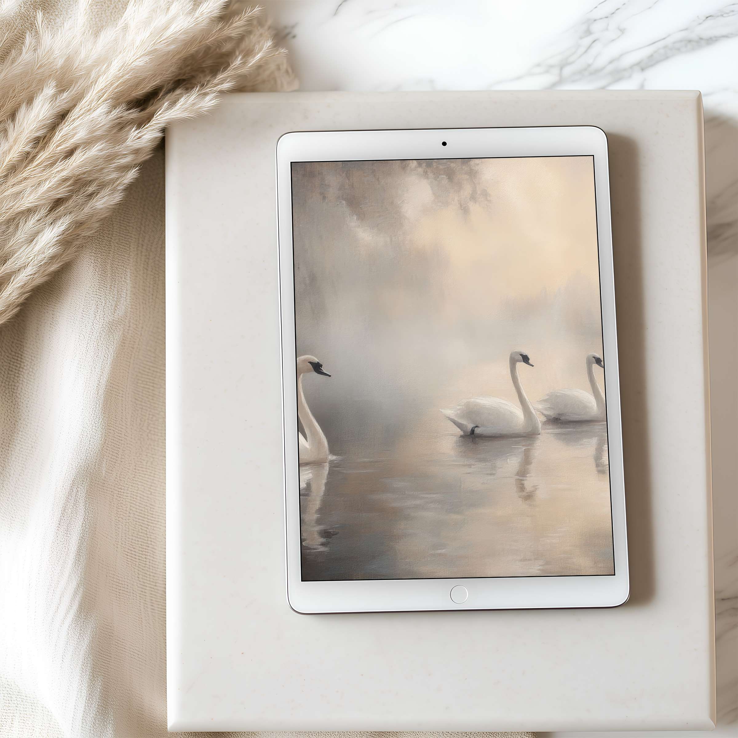 Swan motif tablet wallpaper in soft pastels exudes calm elegance perfect for iPad users seeking high resolution, serene digital downloads
