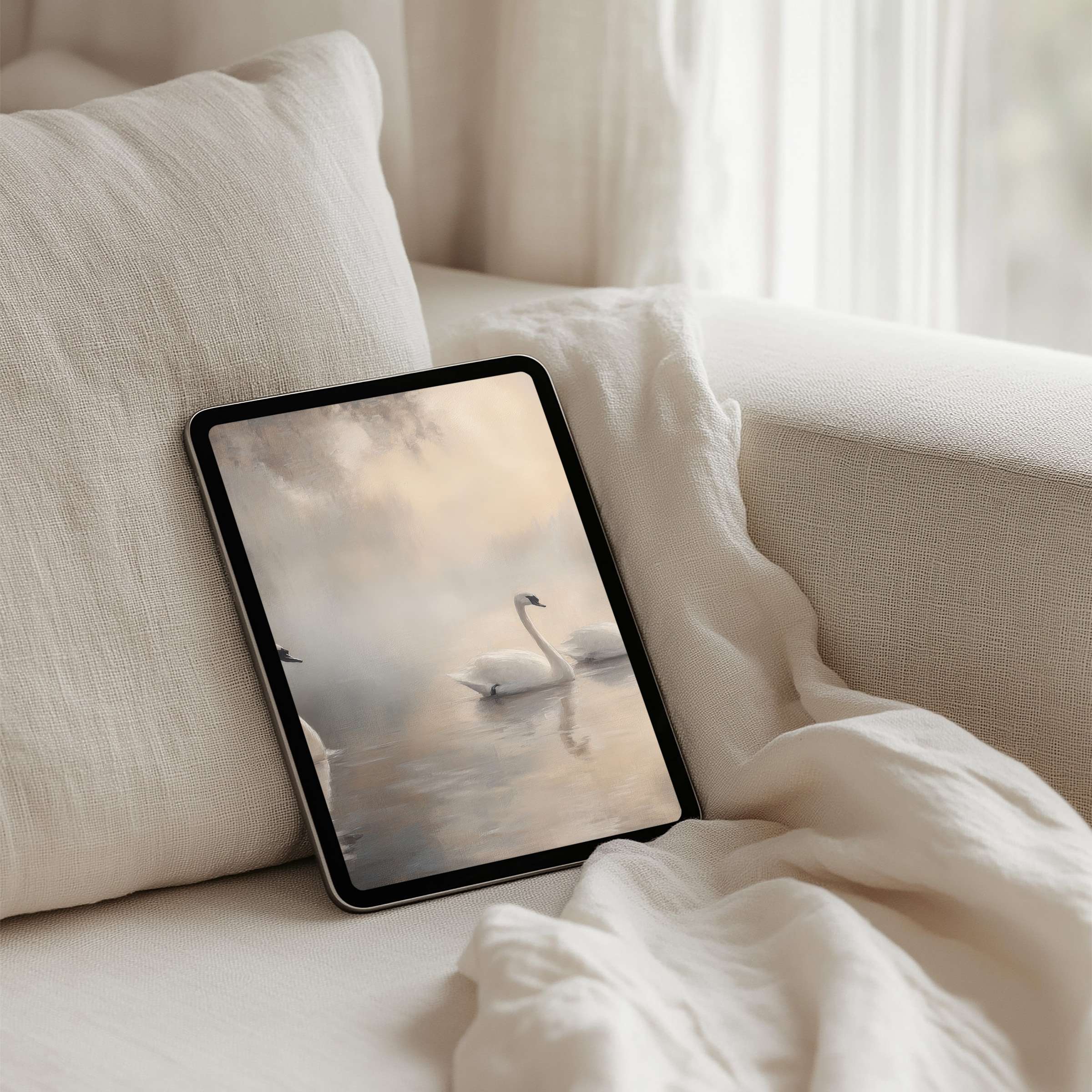 Elegant swan art iPad background offers calm inspiration, perfect for any tablet Enjoy instant download for seamless mindfulness