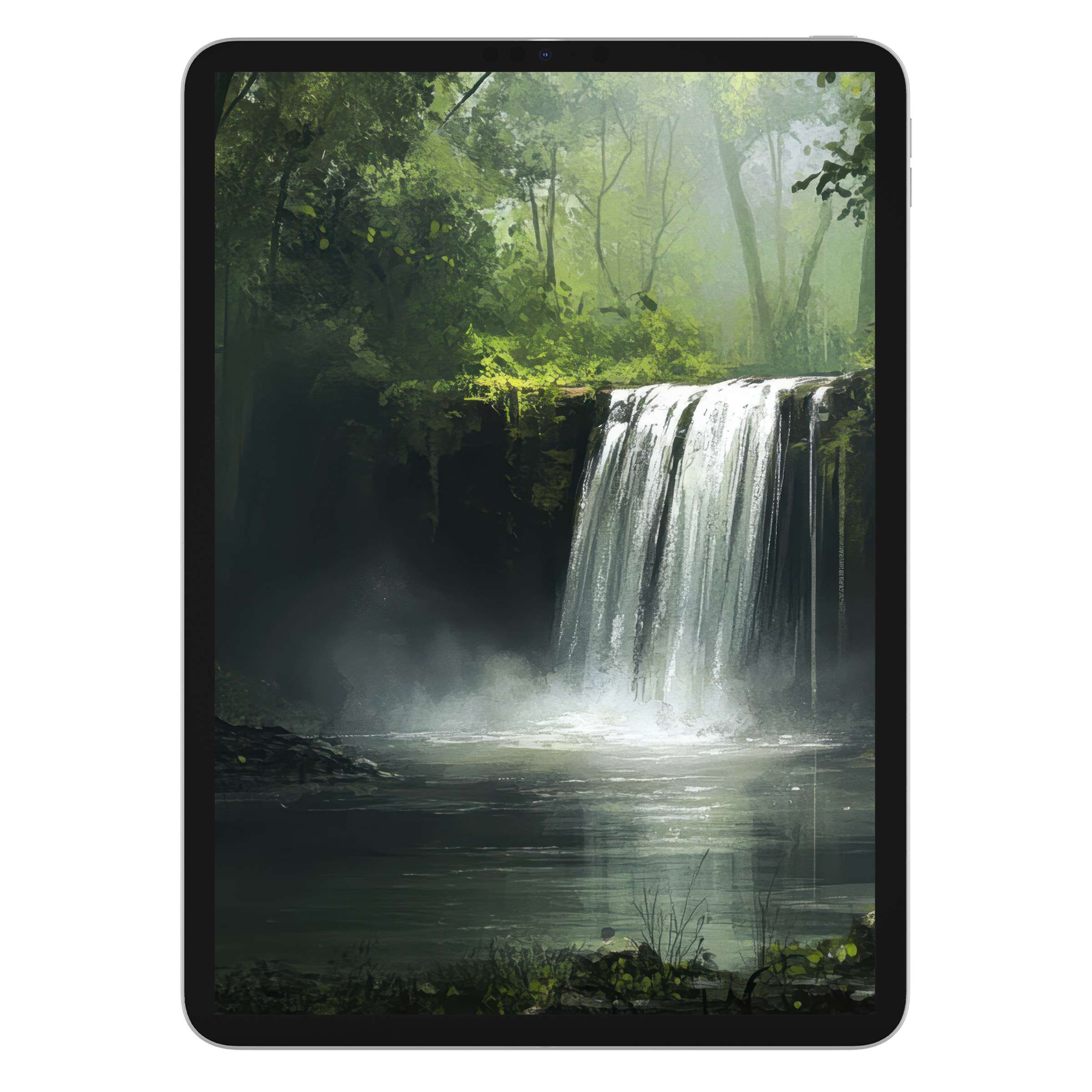 Vintage iPad wallpaper of serene waterfall, digital download for tablet background, inspires tranquility with lush greenery landscape