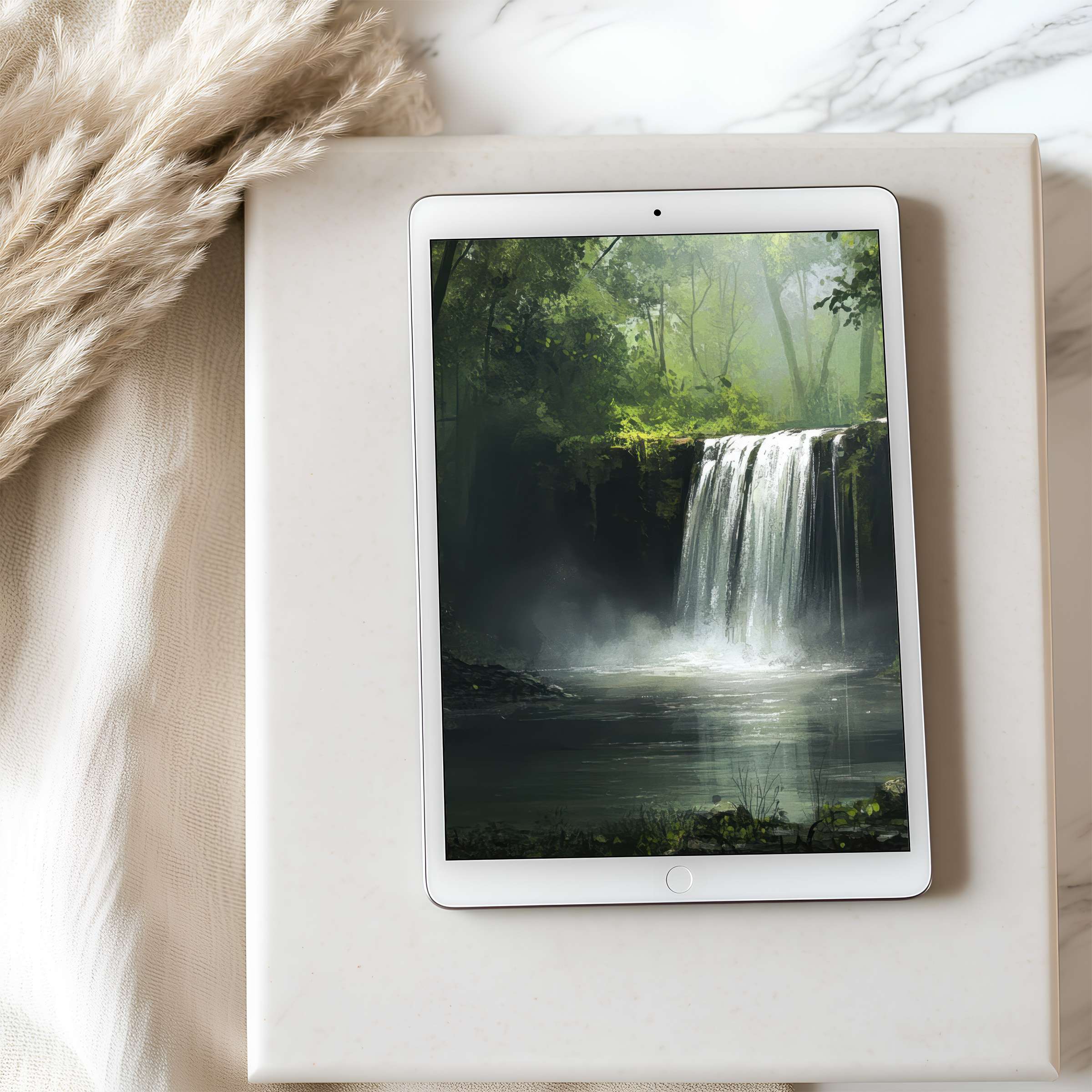 Elegant waterfall tablet wallpaper in lush greenery for iPad or Android tablets offers serene digital download for curated interiors