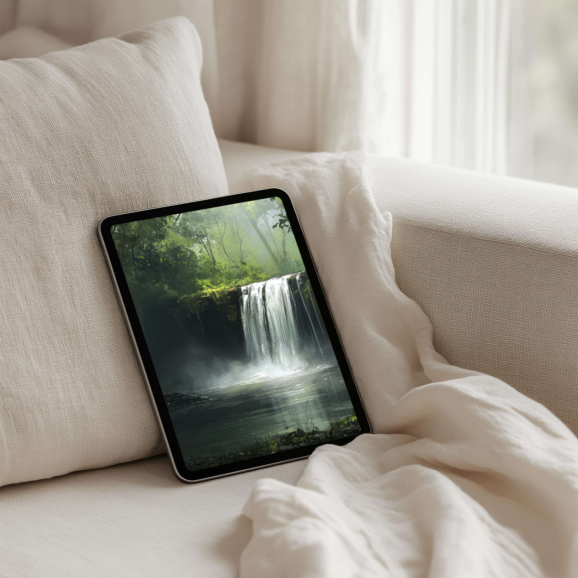 Elegant forest waterfall iPad background brings calm and inspiration to your tablet perfect for instant download and relaxation