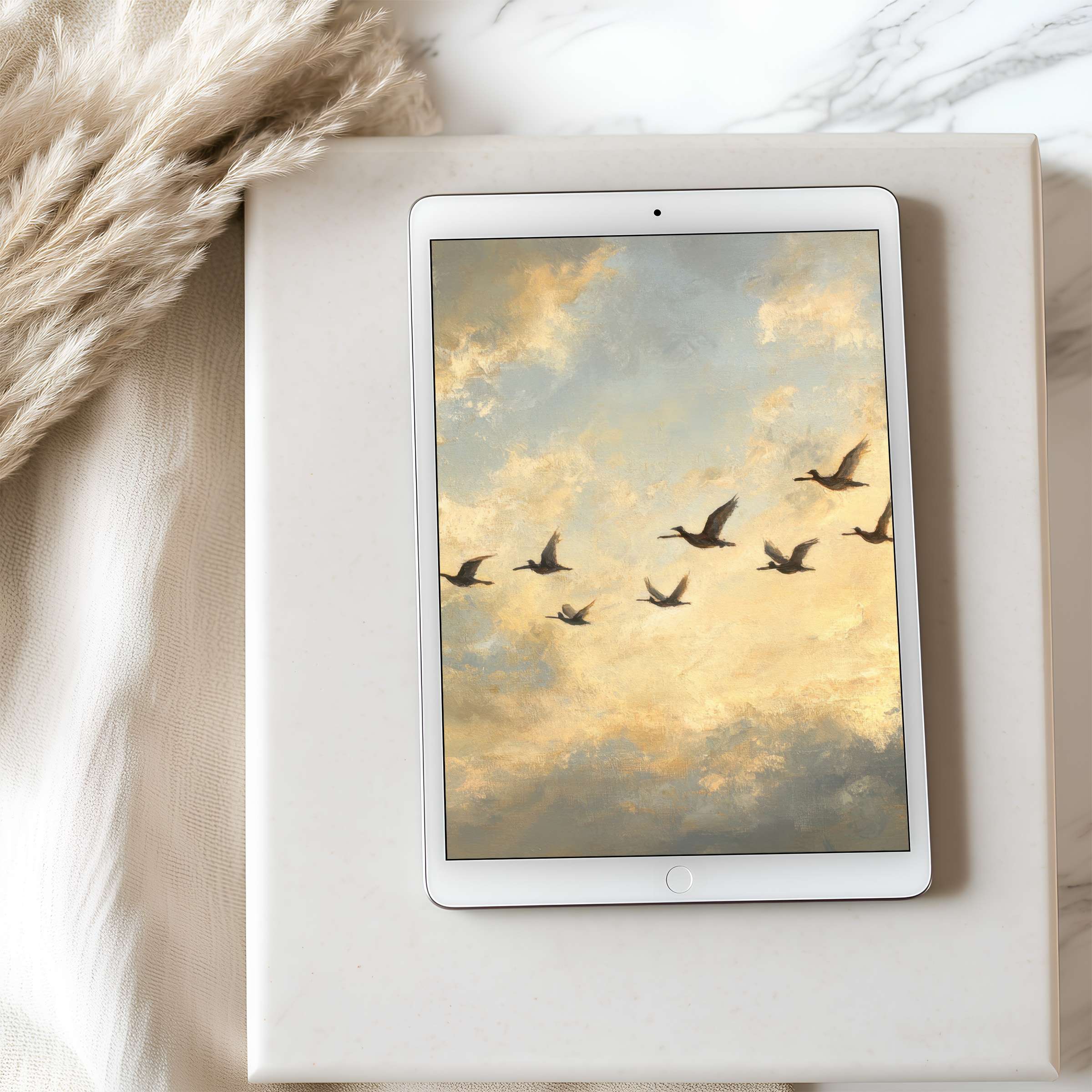 Elegant tablet wallpaper of geese in flight against a golden sky, perfect for iPad or Android High resolution digital download for serene interiors