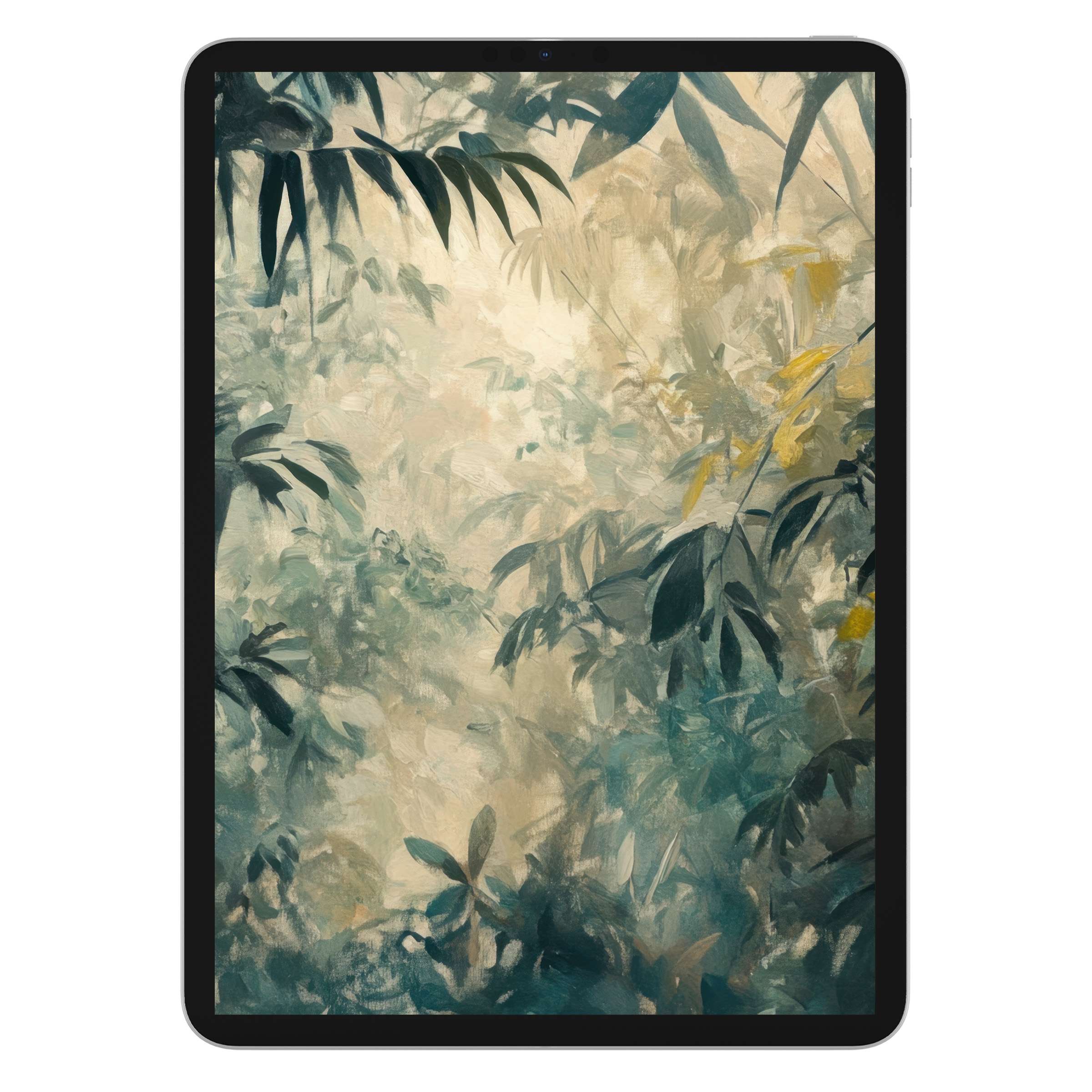 Vintage iPad wallpaper featuring a serene jungle scene in muted greens and yellows, ideal for tablet background digital download