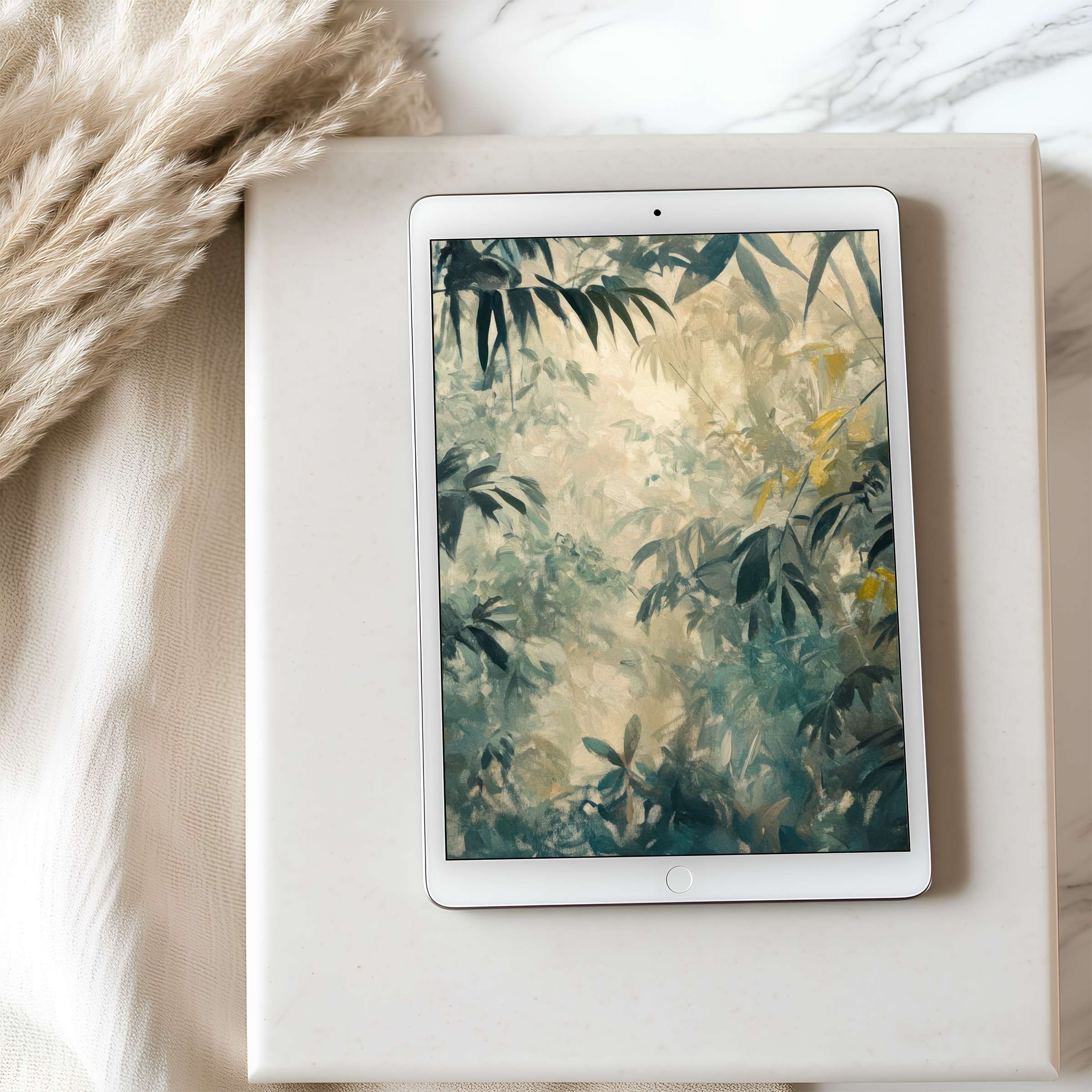Tranquil forest tablet wallpaper in soothing greens and yellows, perfect for iPad or Android; download for a calming ambiance
