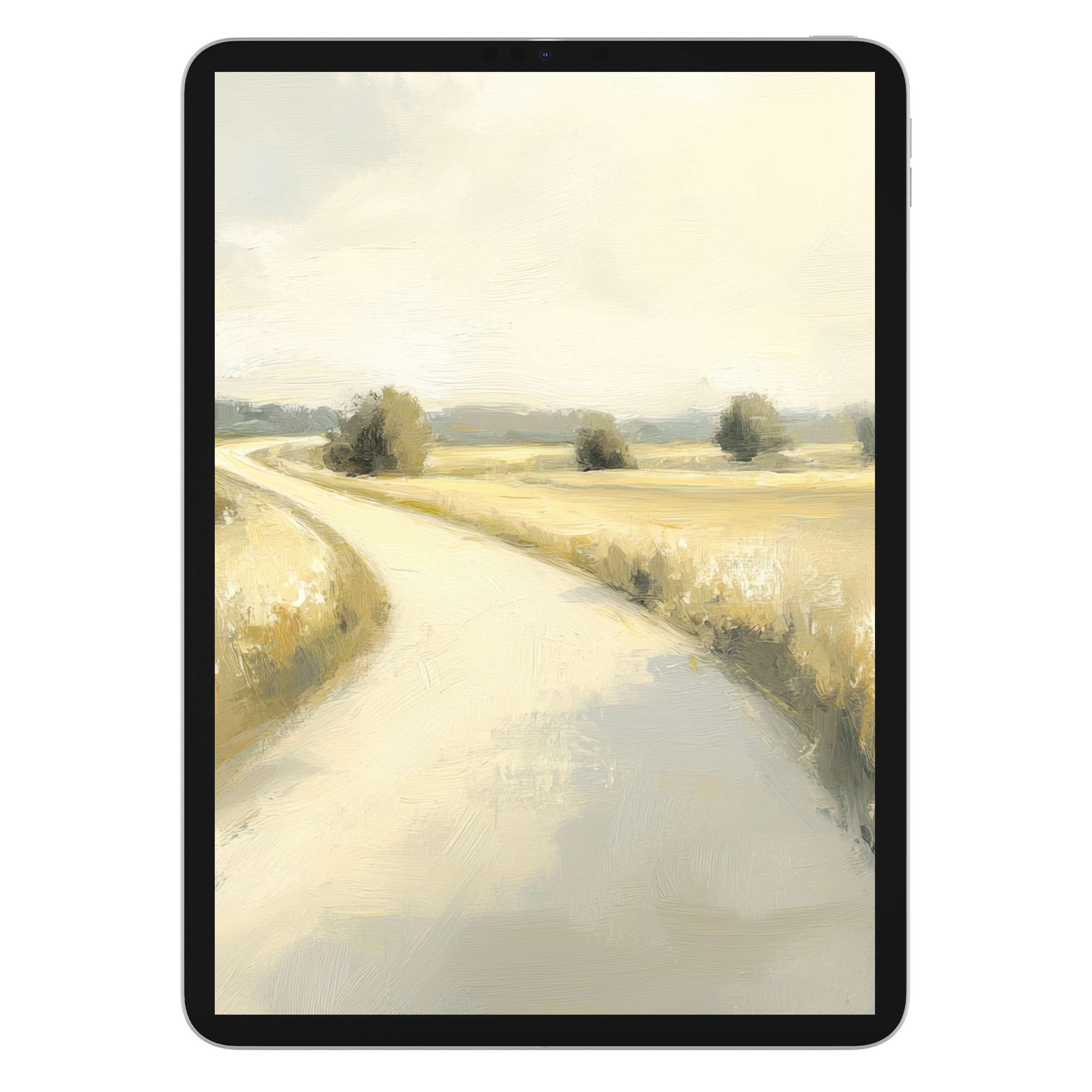 Dreamy vintage iPad wallpaper with tranquil beige fields and winding path, perfect peaceful digital download for tablet backgrounds