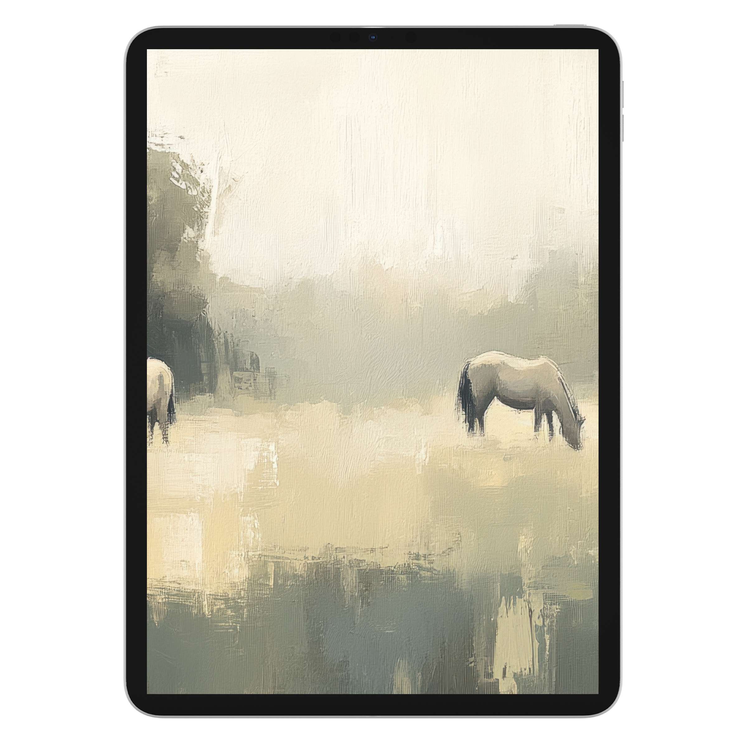 Dreamy landscape with horses in muted pastels perfect as vintage iPad wallpaper or digital download for tablet background décor