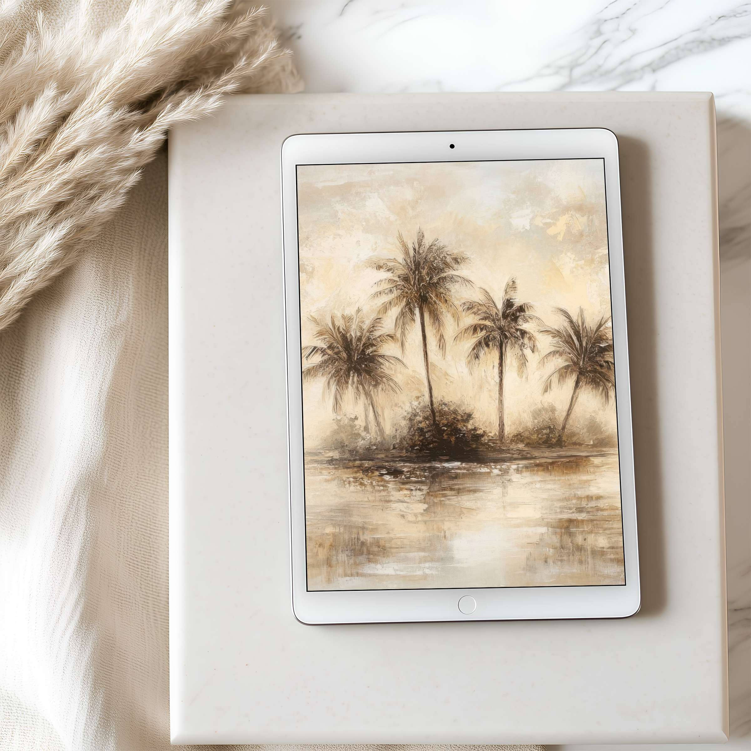 Elegant palm tree artwork on tablet wallpaper, featuring serene earth tones perfect for iPad, high resolution digital download for tranquility