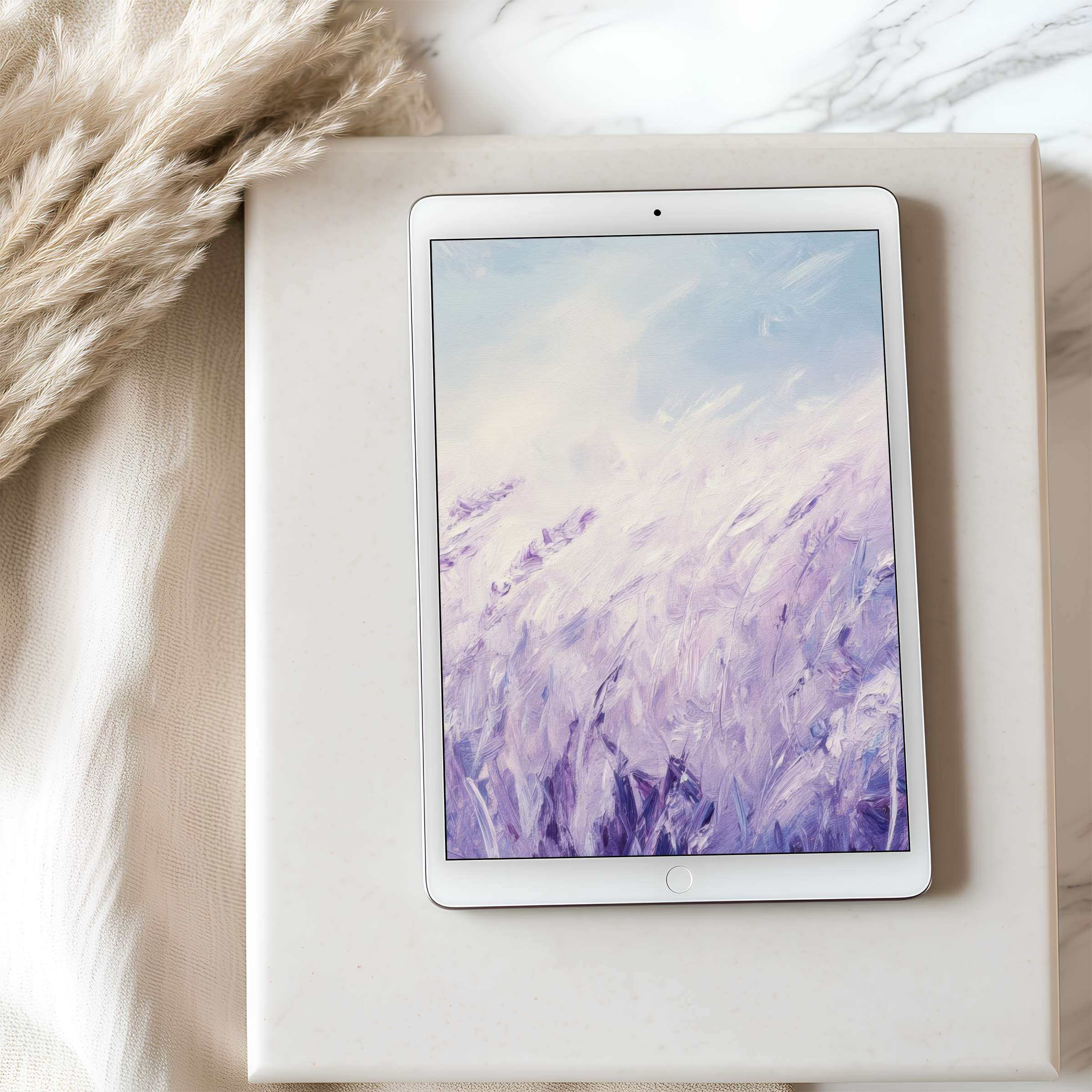 Elegant tablet wallpaper featuring tranquil lavender fields in soft purples, perfect for high-resolution iPad or Android downloads