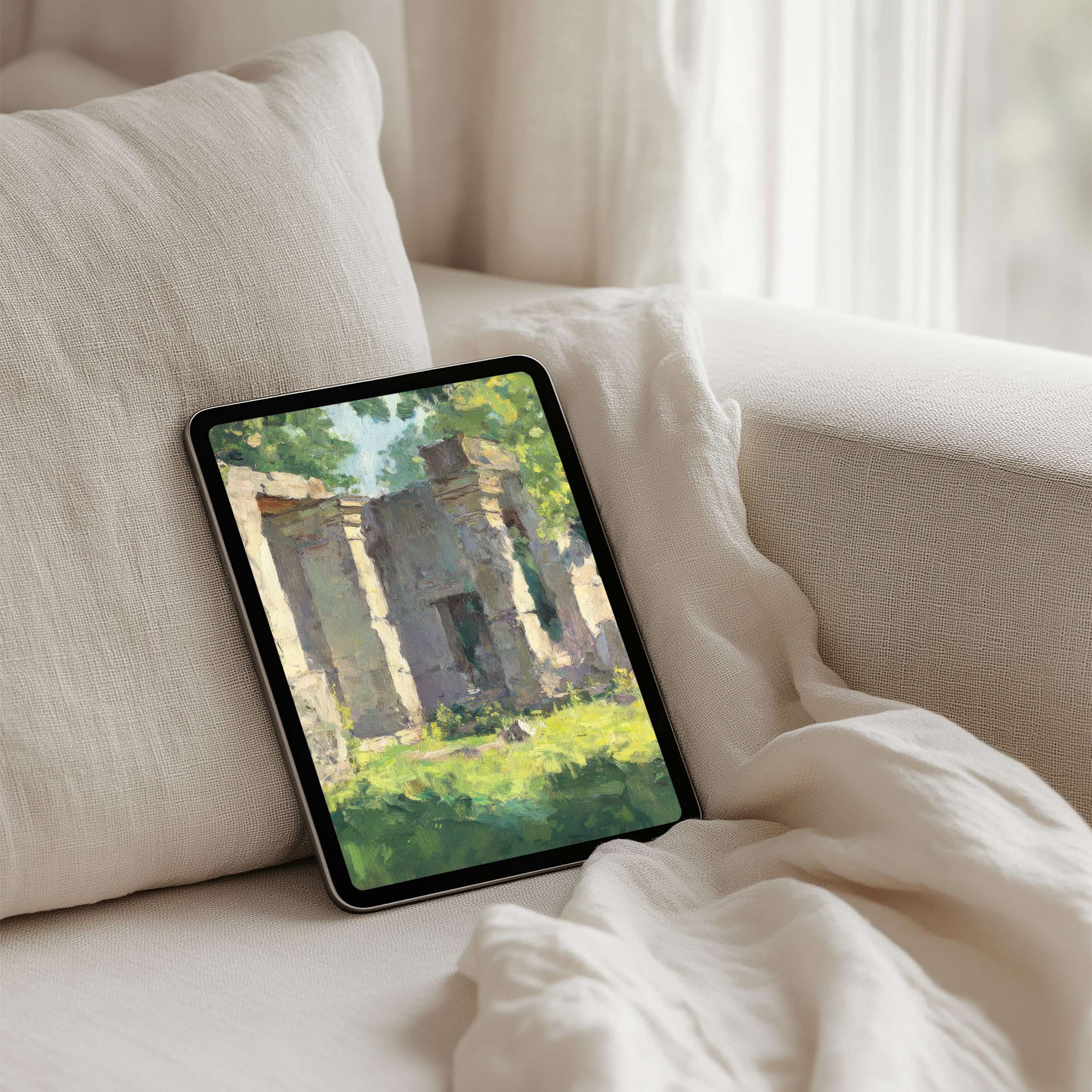 Serene iPad background with rustic ruin art in soft pastels for instant download to inspire elegance on any tablet device
