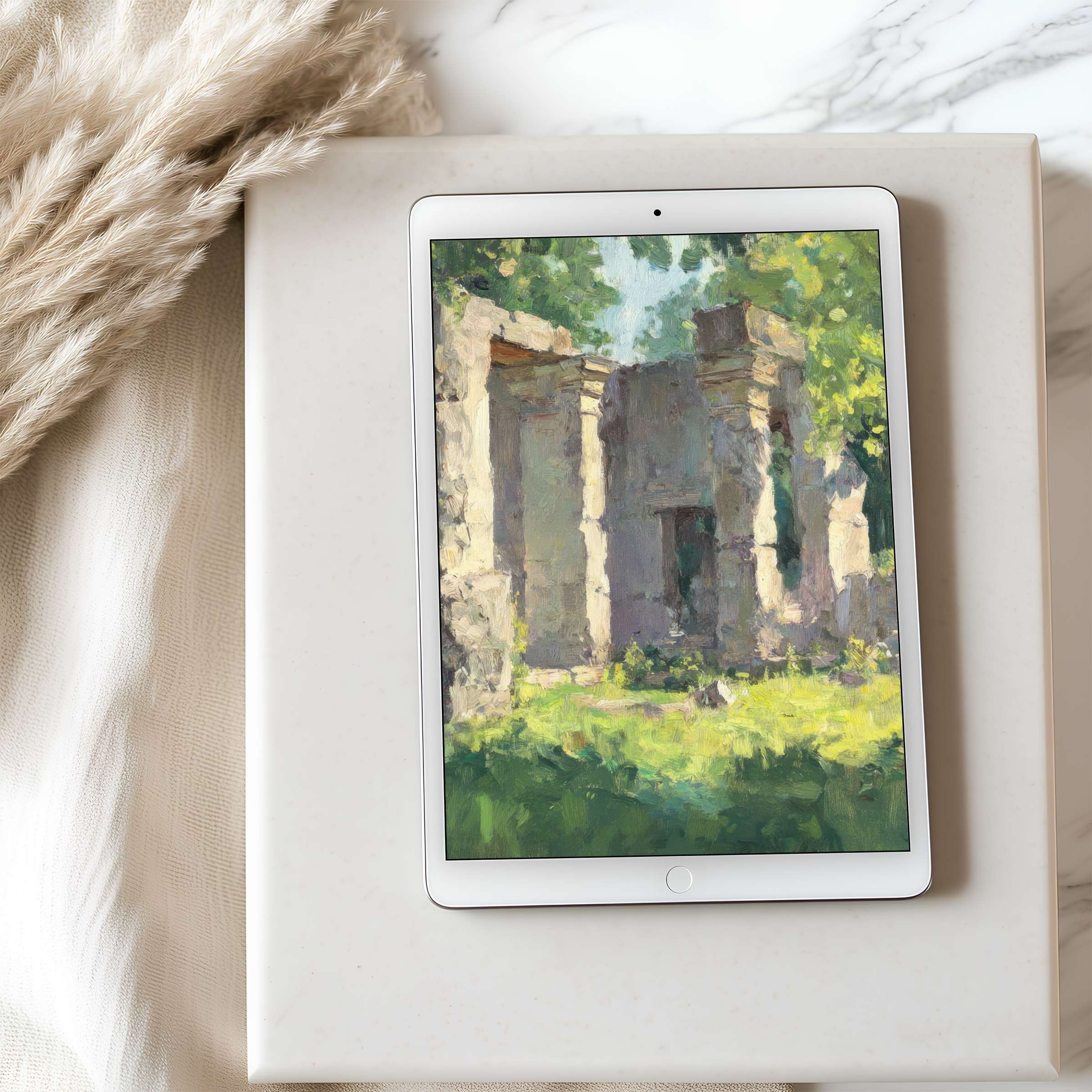Elegant tablet wallpaper featuring high-resolution ruins painting, ideal for iPad or Android tablets, enhancing your digital tranquility