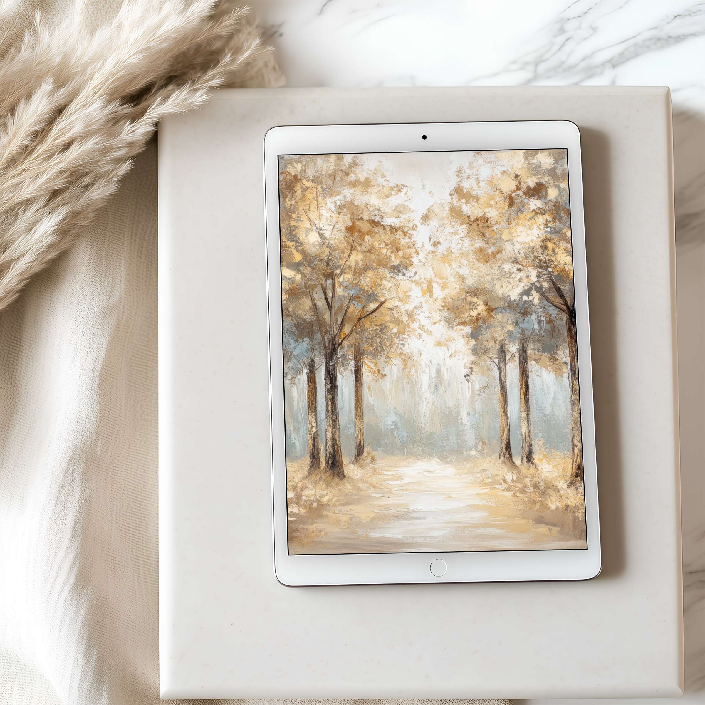 Serene autumn landscape tablet wallpaper with golden trees, perfect for high-resolution iPad or Android devices, offering tranquil elegance for digital download