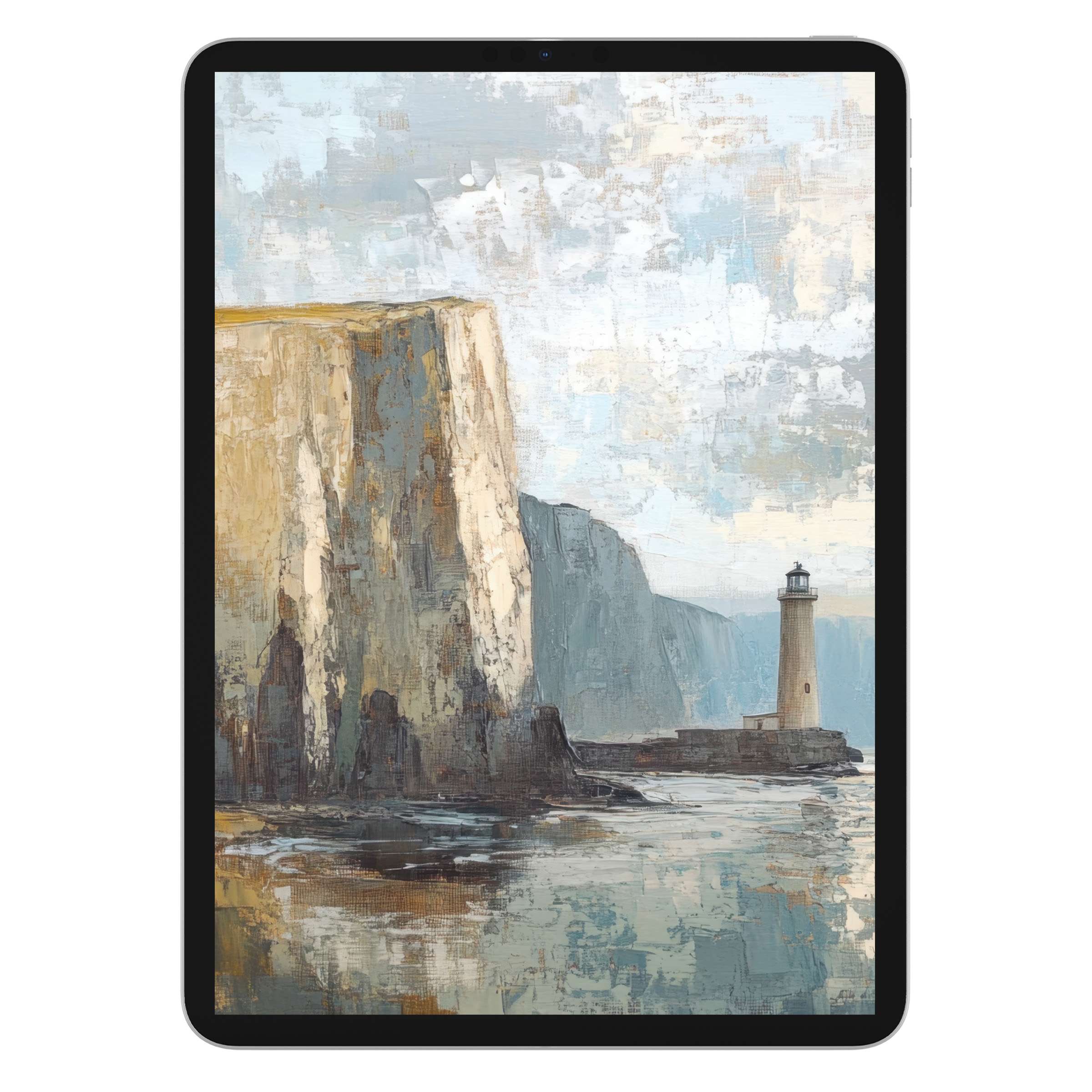 Vintage iPad wallpaper featuring a serene coastal painting with a lighthouse, ideal tablet background for digital download and elegant ambiance