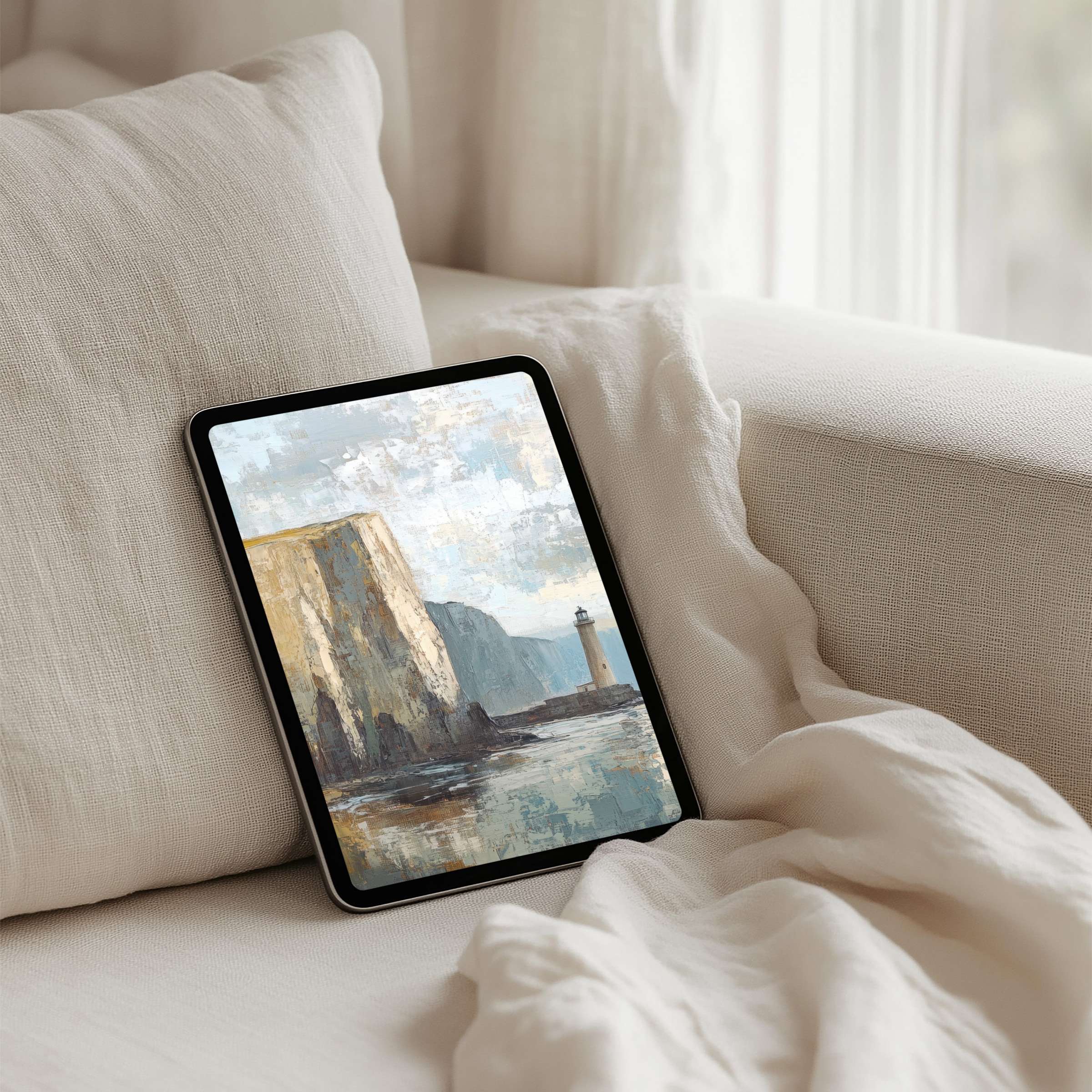 Elegant iPad background featuring serene coastal art in soft tones for mindful inspiration instant download for any tablet device
