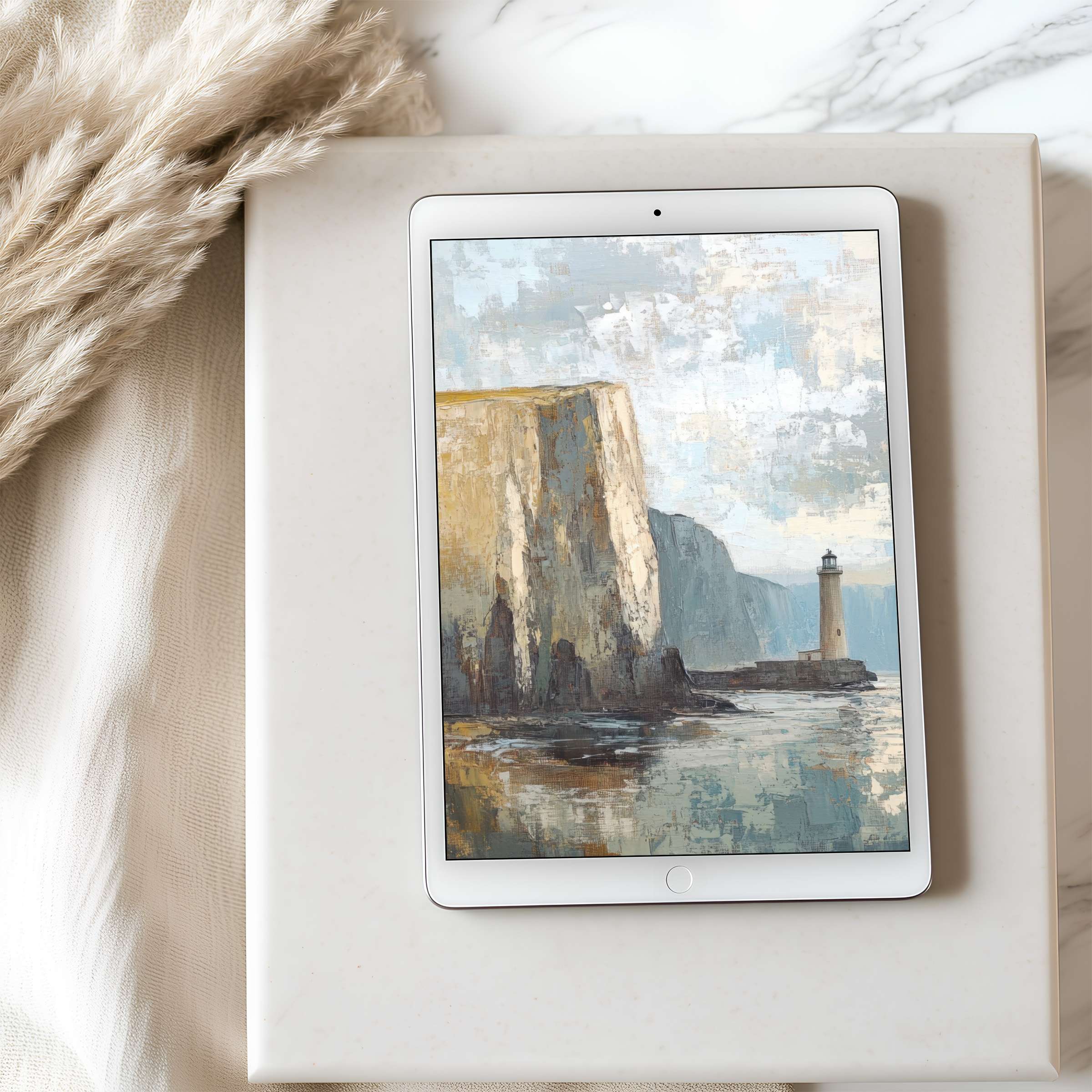 Tablet wallpaper featuring a serene coastal landscape with cliffs and lighthouse in pastel tones, perfect for iPad or Android tablets
