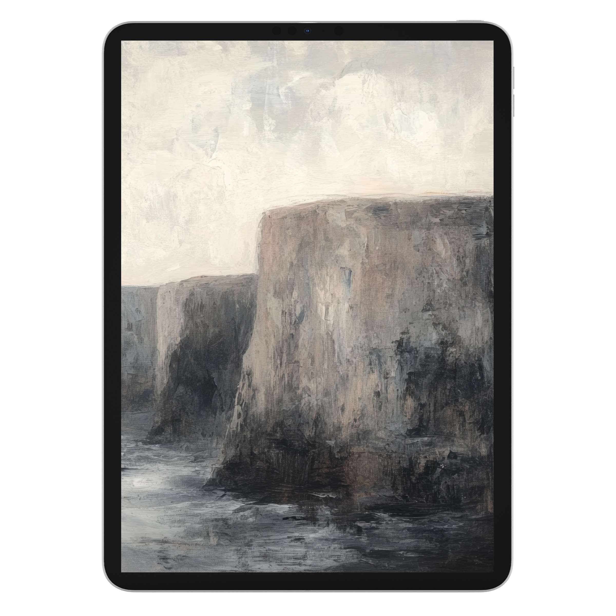 Vintage iPad wallpaper featuring serene cliffs and ocean waves, perfect digital download for tablet background with a tranquil ambiance