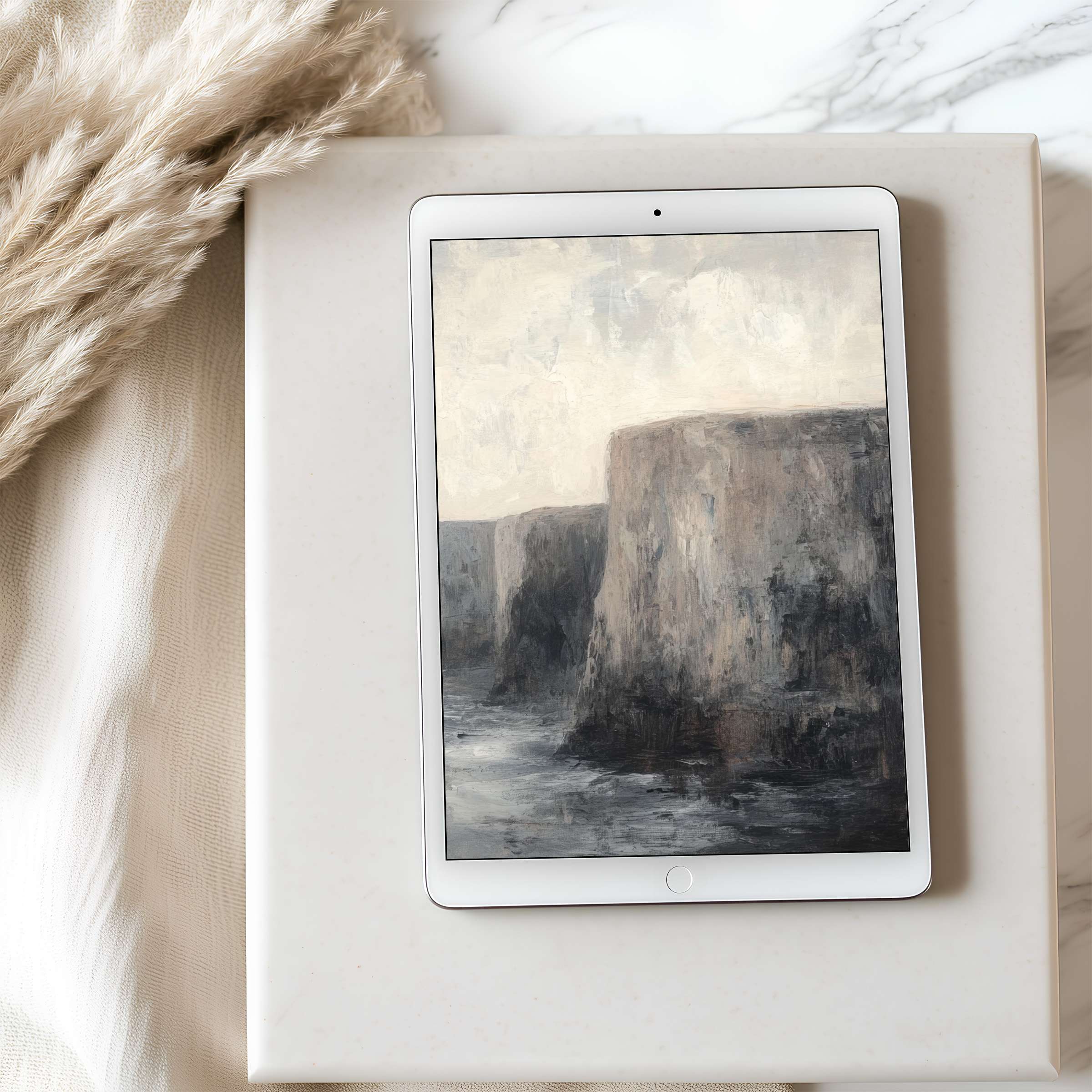 Serene cliffside art on a tablet wallpaper offers calming elegance, perfect for iPad and Android tablets, digital download high resolution
