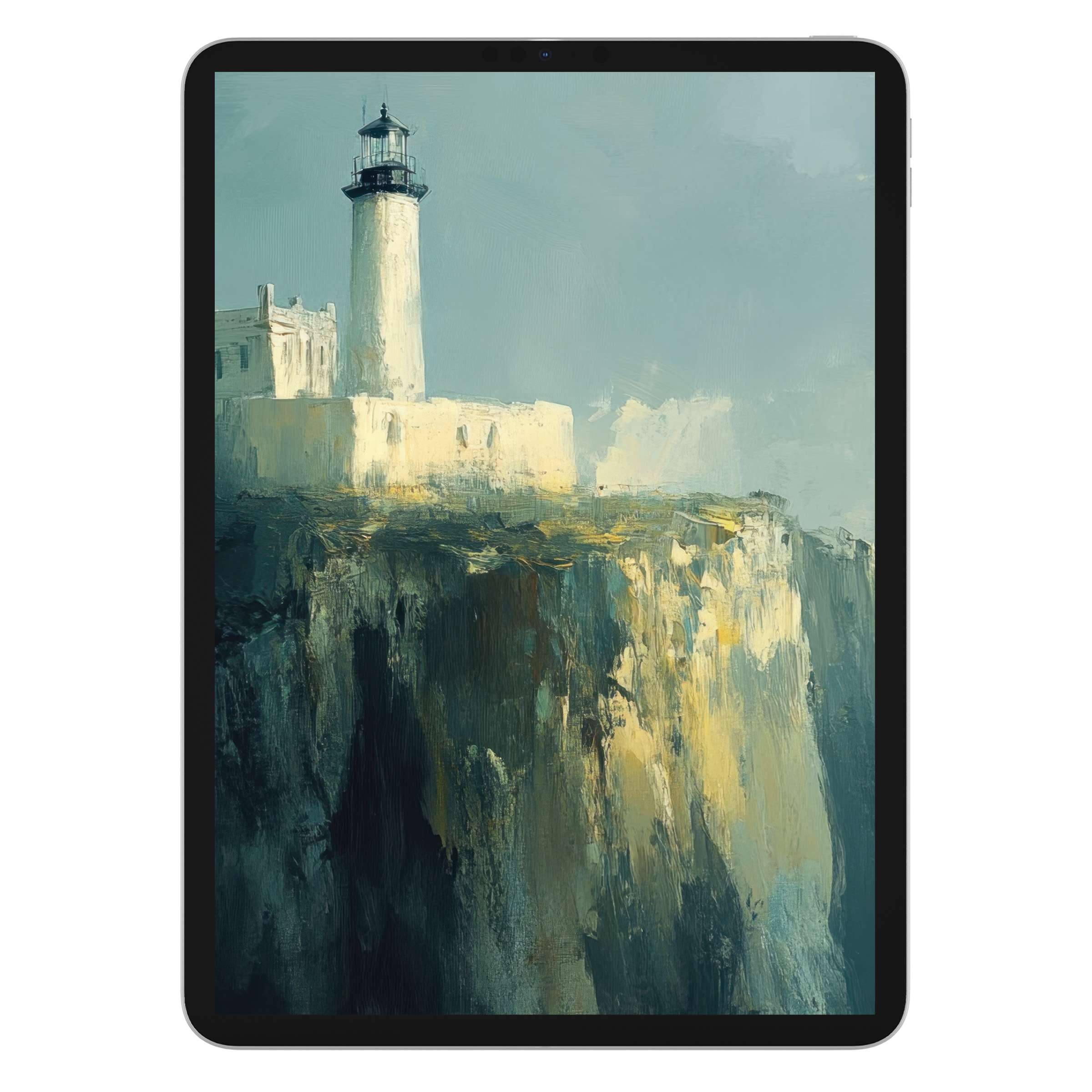 Elegant lighthouse scene, vintage iPad wallpaper for tablets, soothing digital download evokes tranquility and artistic inspiration as background