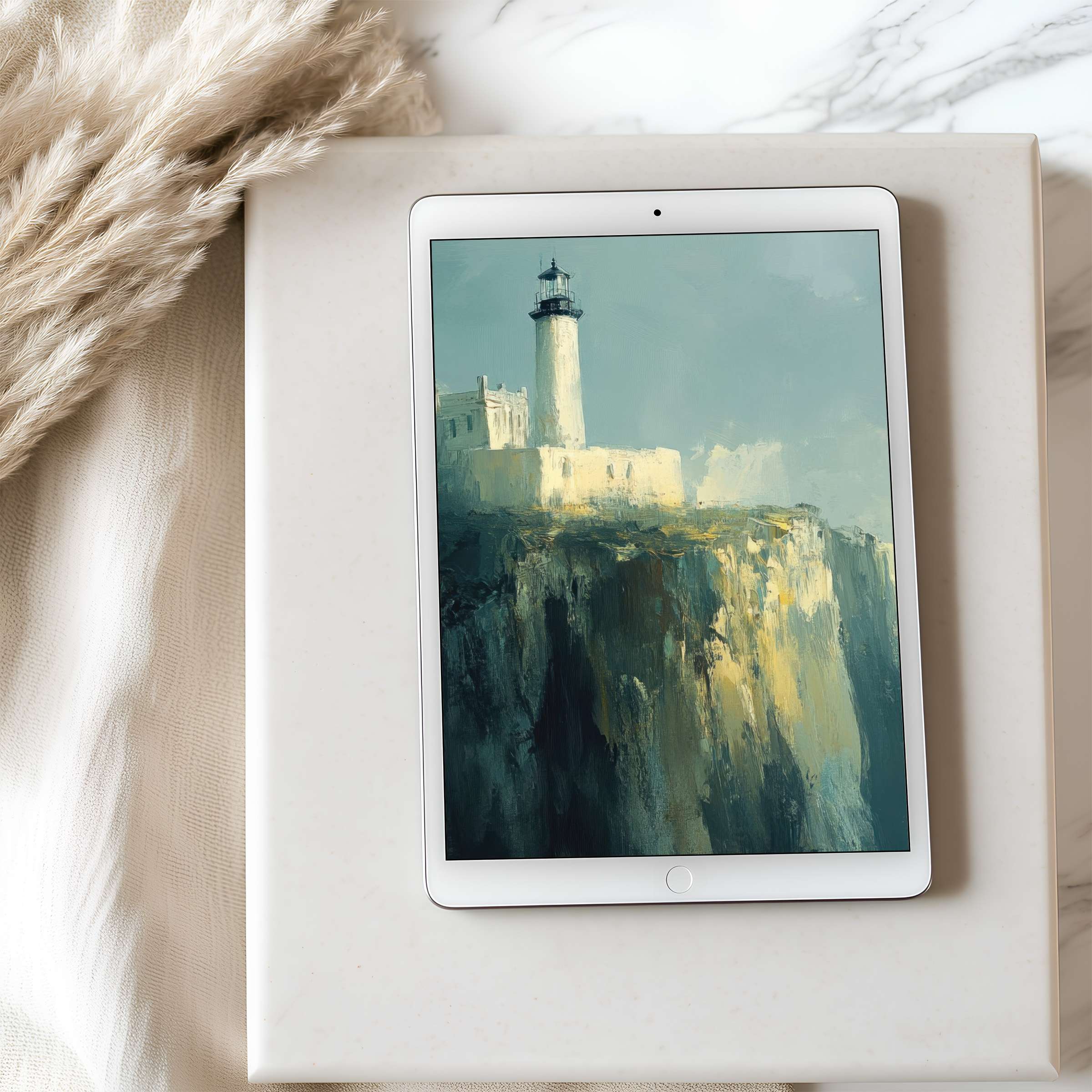 Elegant lighthouse art in soft blues and golds displayed on tablet wallpaper high resolution enhances serene interiors digital download