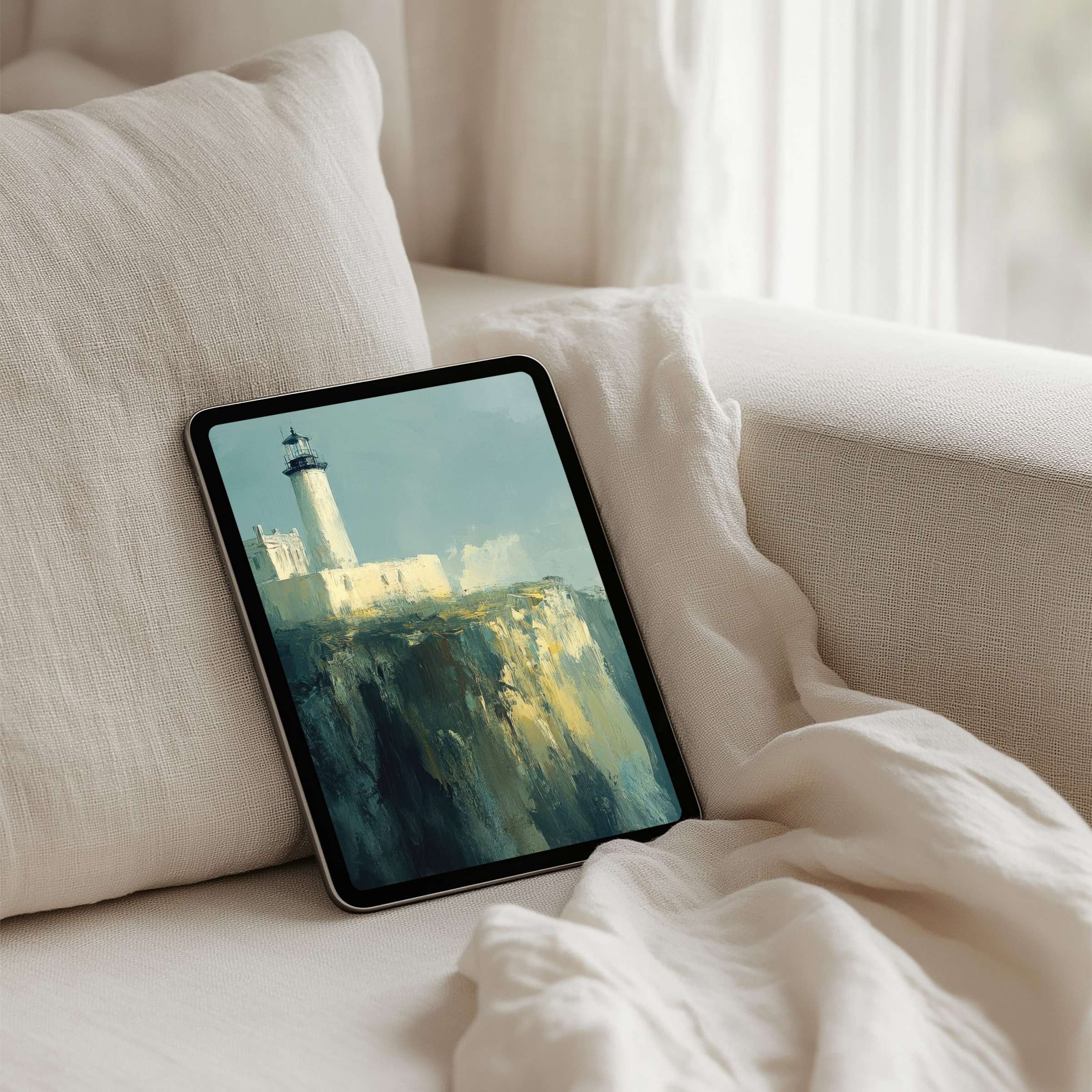 Elevate your iPad background with this serene lighthouse art available for instant download ideal for any tablet setting