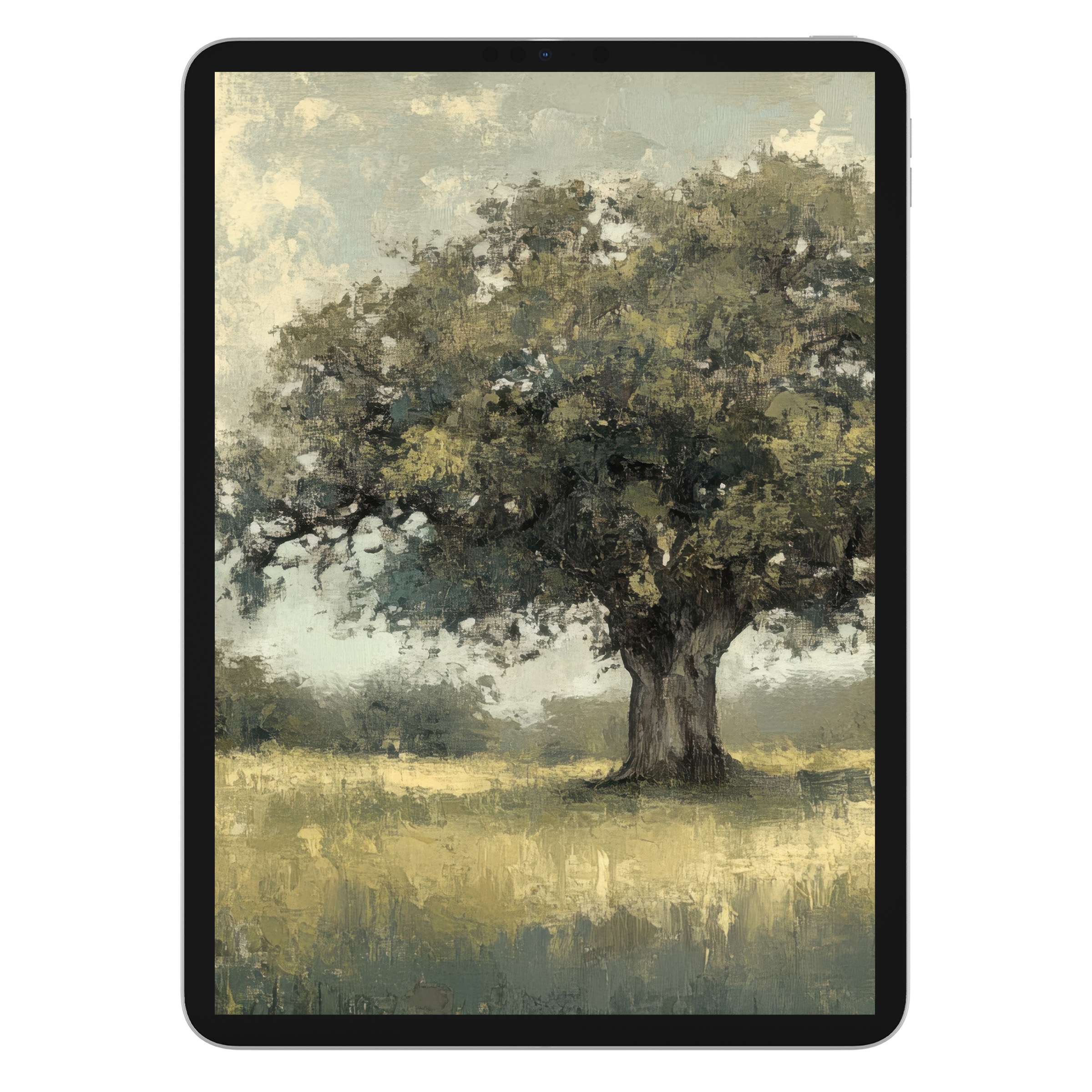 Vintage iPad wallpaper featuring a serene tree painting in muted earth tones, perfect digital download background for any tablet