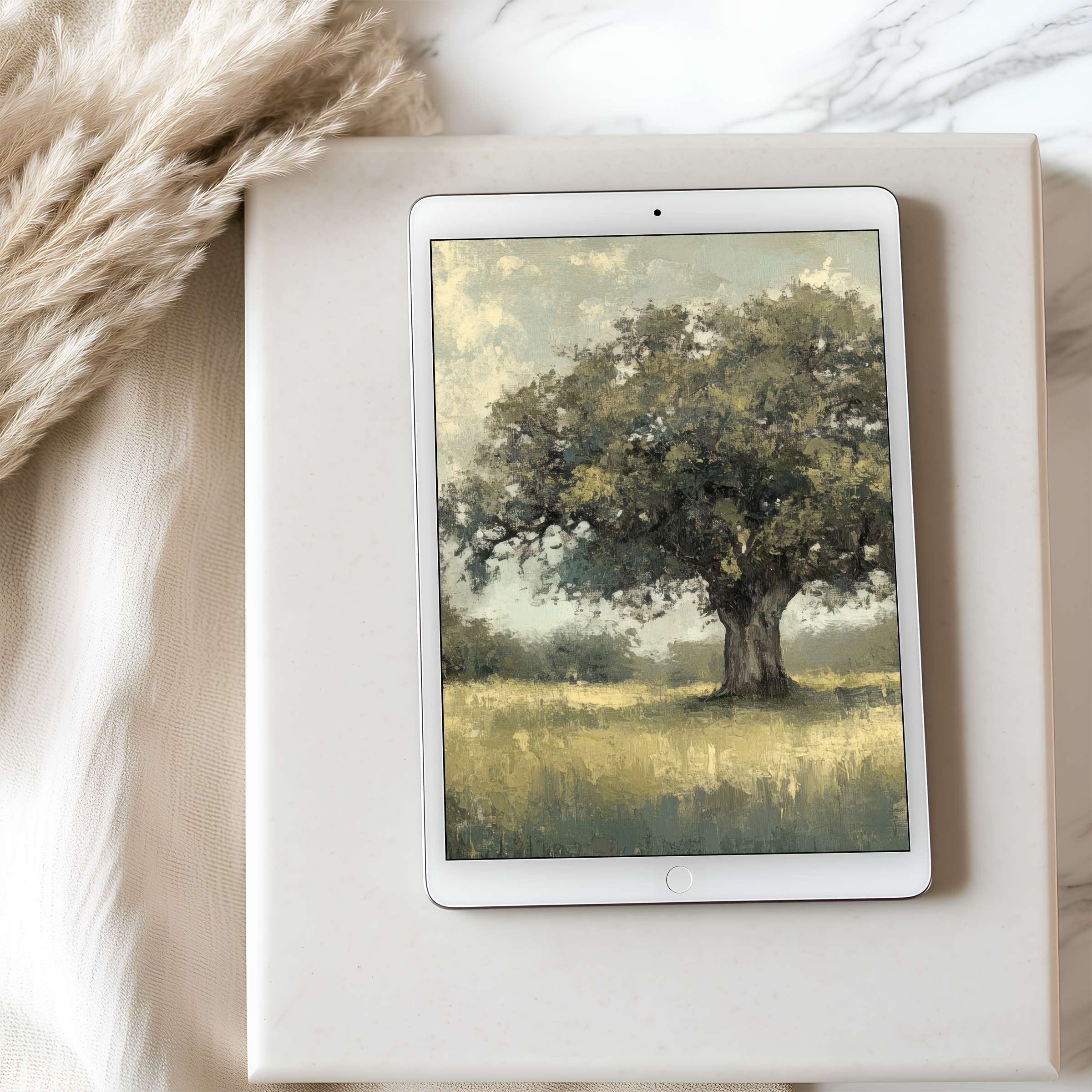 Calm your space with a high-resolution tablet wallpaper of a majestic tree in soft hues, ideal for iPad and Android downloads