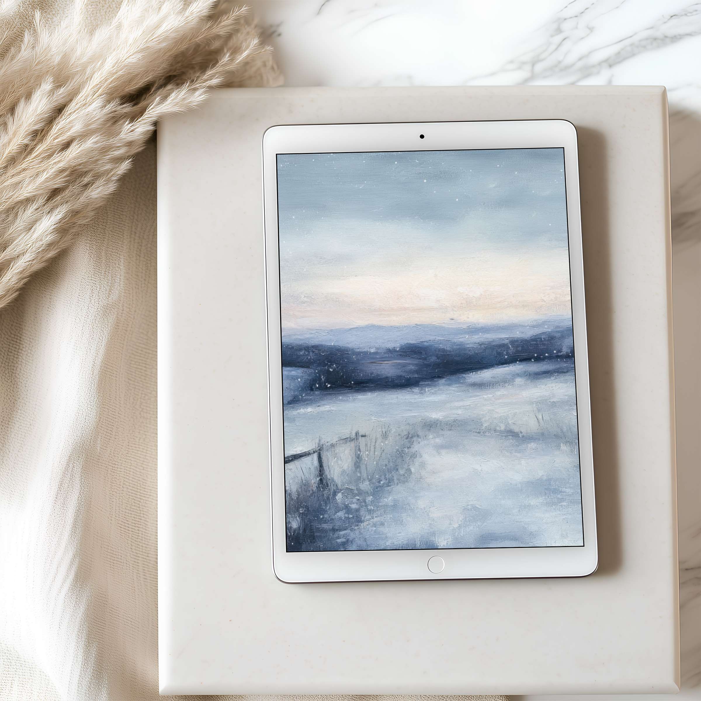 Serene tablet wallpaper featuring pastel snow-covered landscape in calming high resolution perfect for iPad or Android digital download