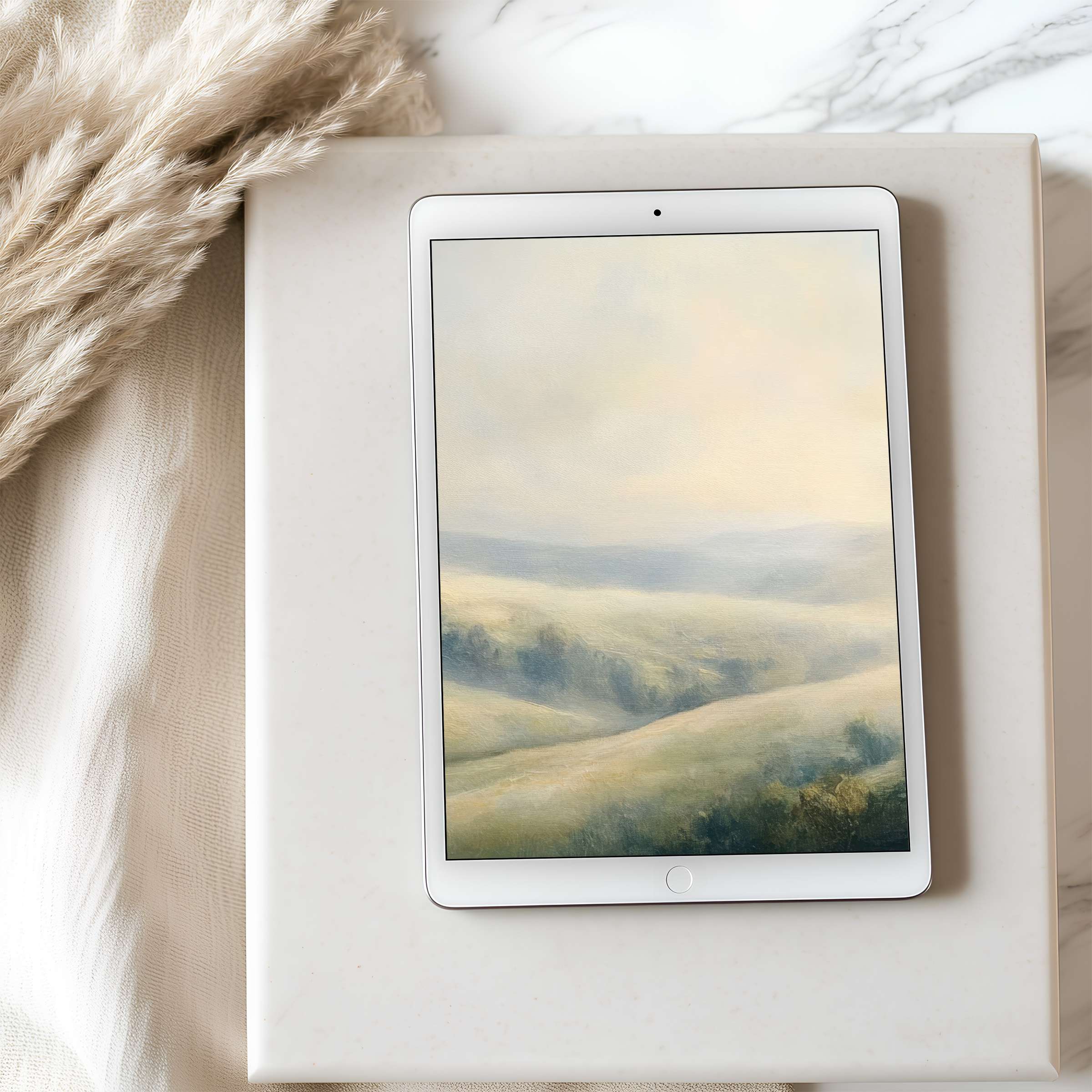 Elegant tablet wallpaper showcasing serene, misty landscapes in soft pastels ideal for iPad high resolution digital download