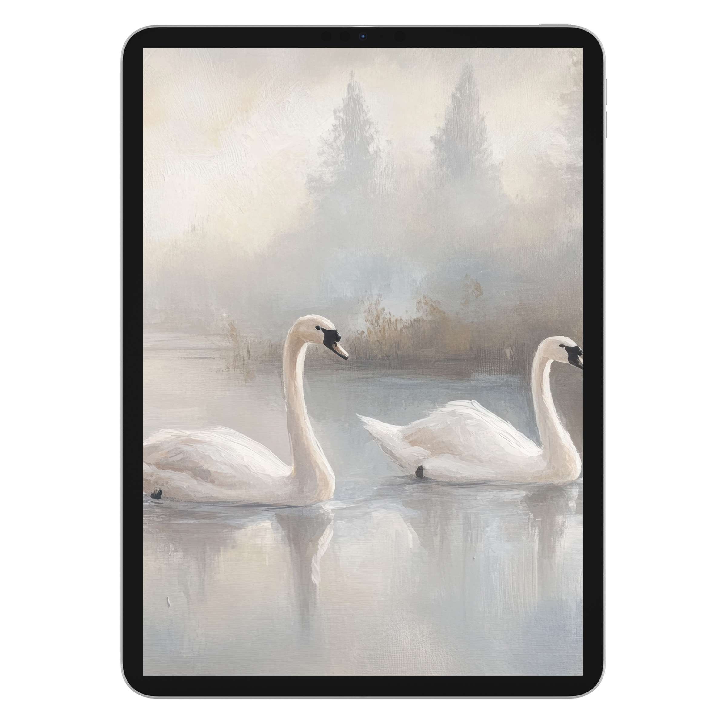 Vintage iPad wallpaper featuring serene swans on misty water, ideal digital download background for tablets, evoking tranquility